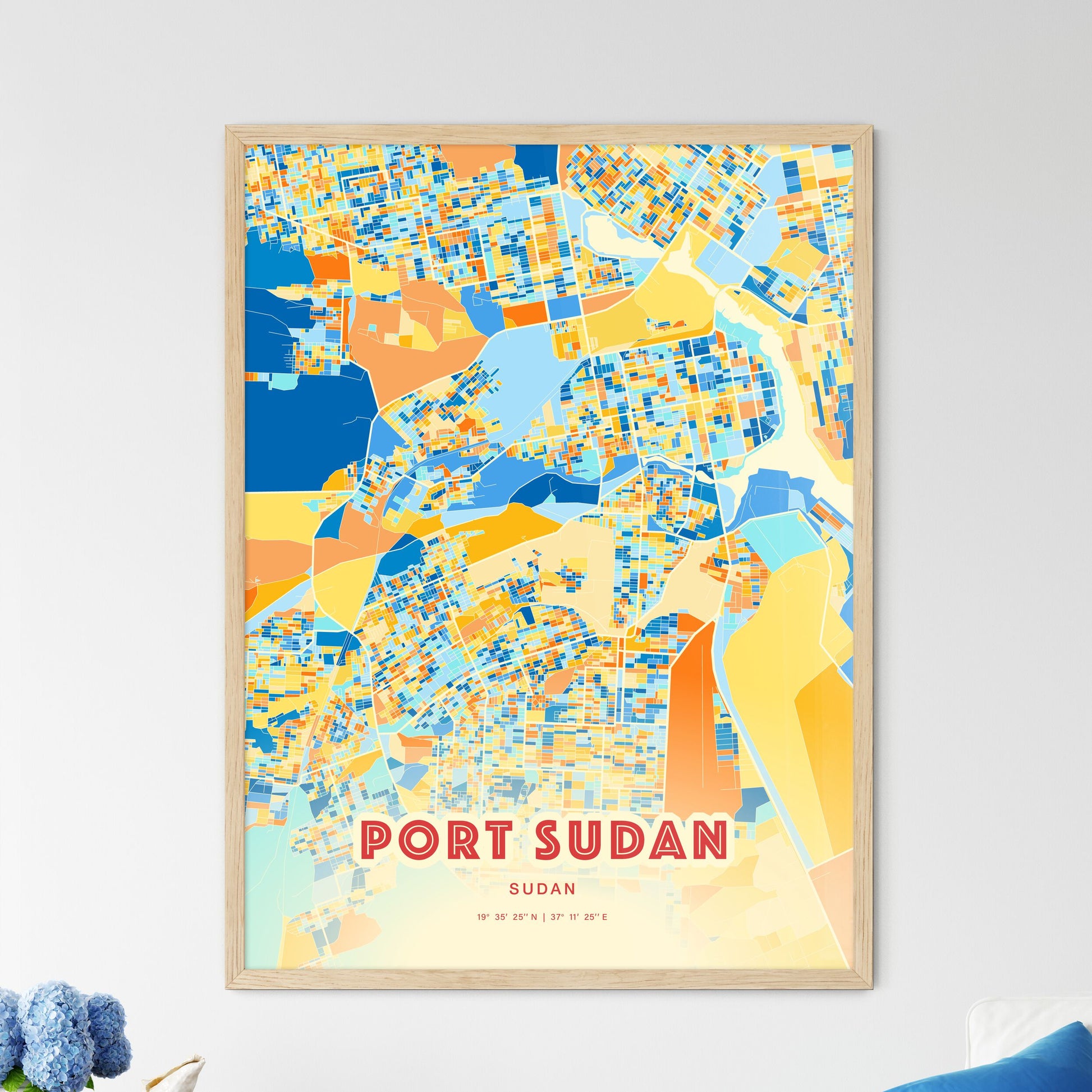 Colorful PORT SUDAN SUDAN Fine Art Map Blue Orange