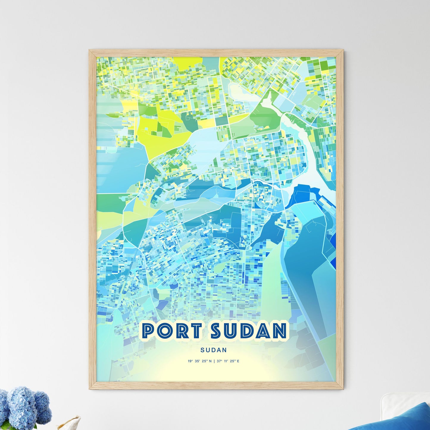 Colorful PORT SUDAN SUDAN Fine Art Map Cool Blue