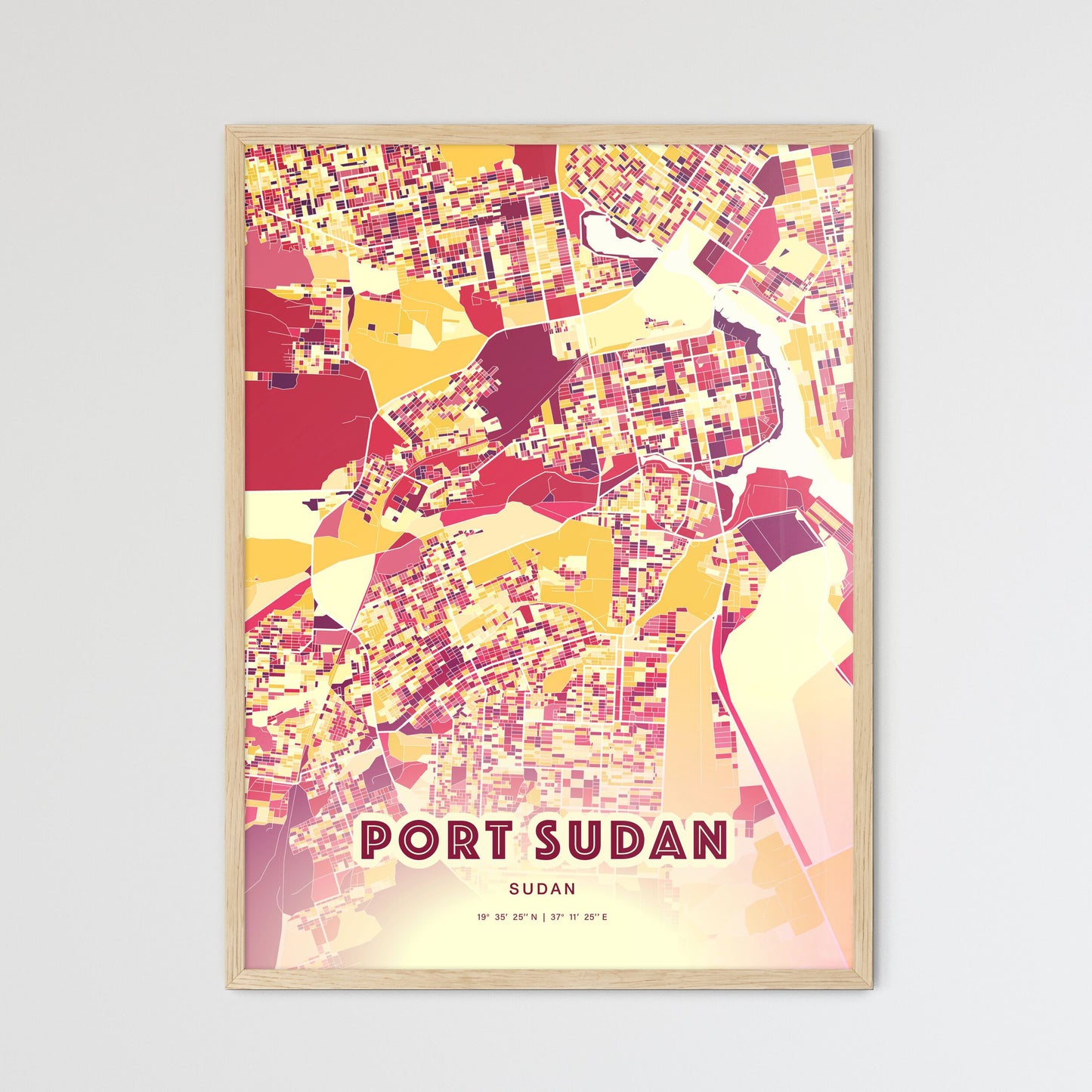 Colorful PORT SUDAN SUDAN Fine Art Map Hot Red