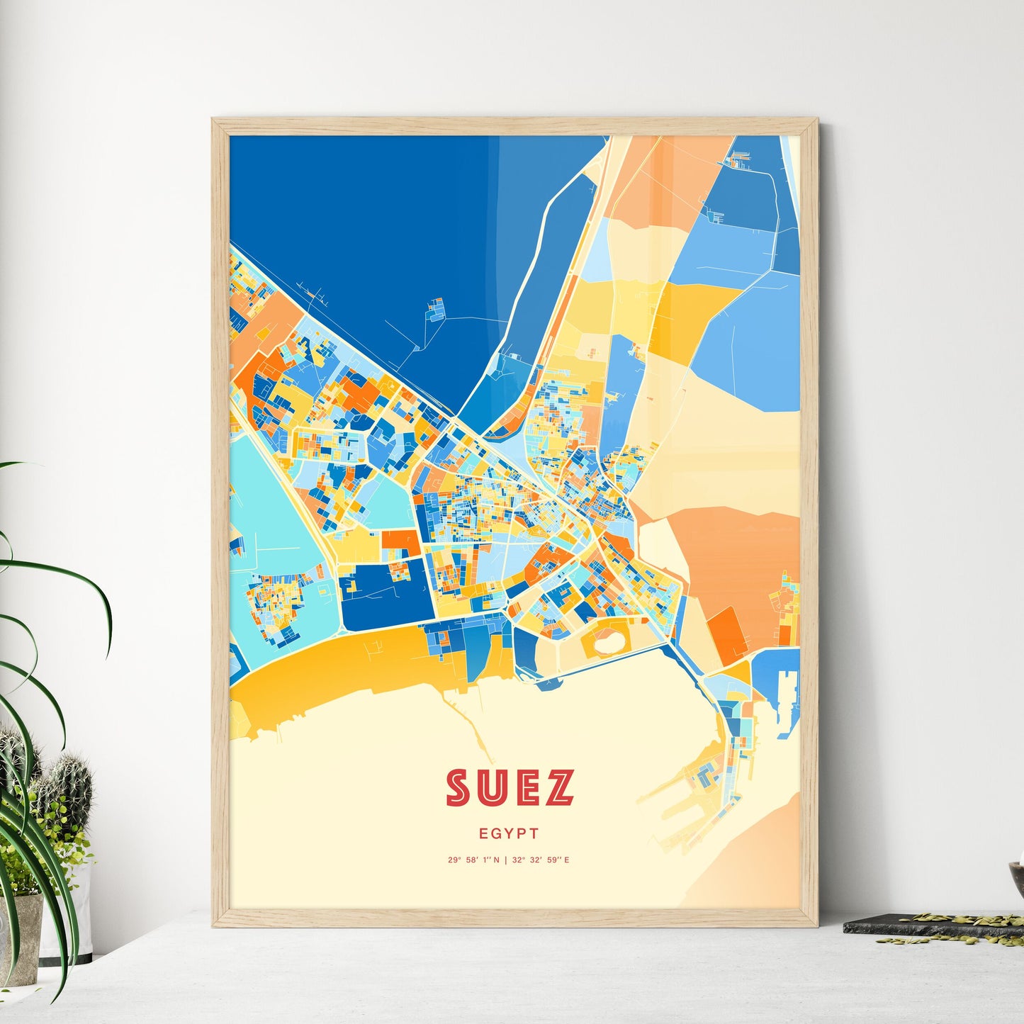 Colorful Suez Egypt Fine Art Map Blue Orange