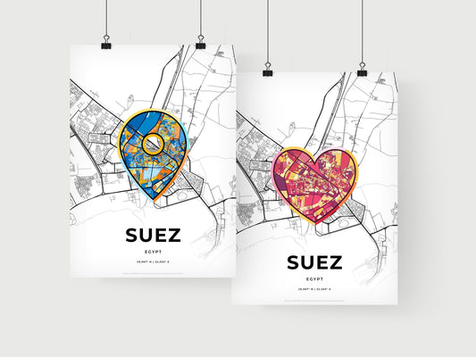 SUEZ EGYPT minimal art map with a colorful icon. Where it all began, Couple map gift.