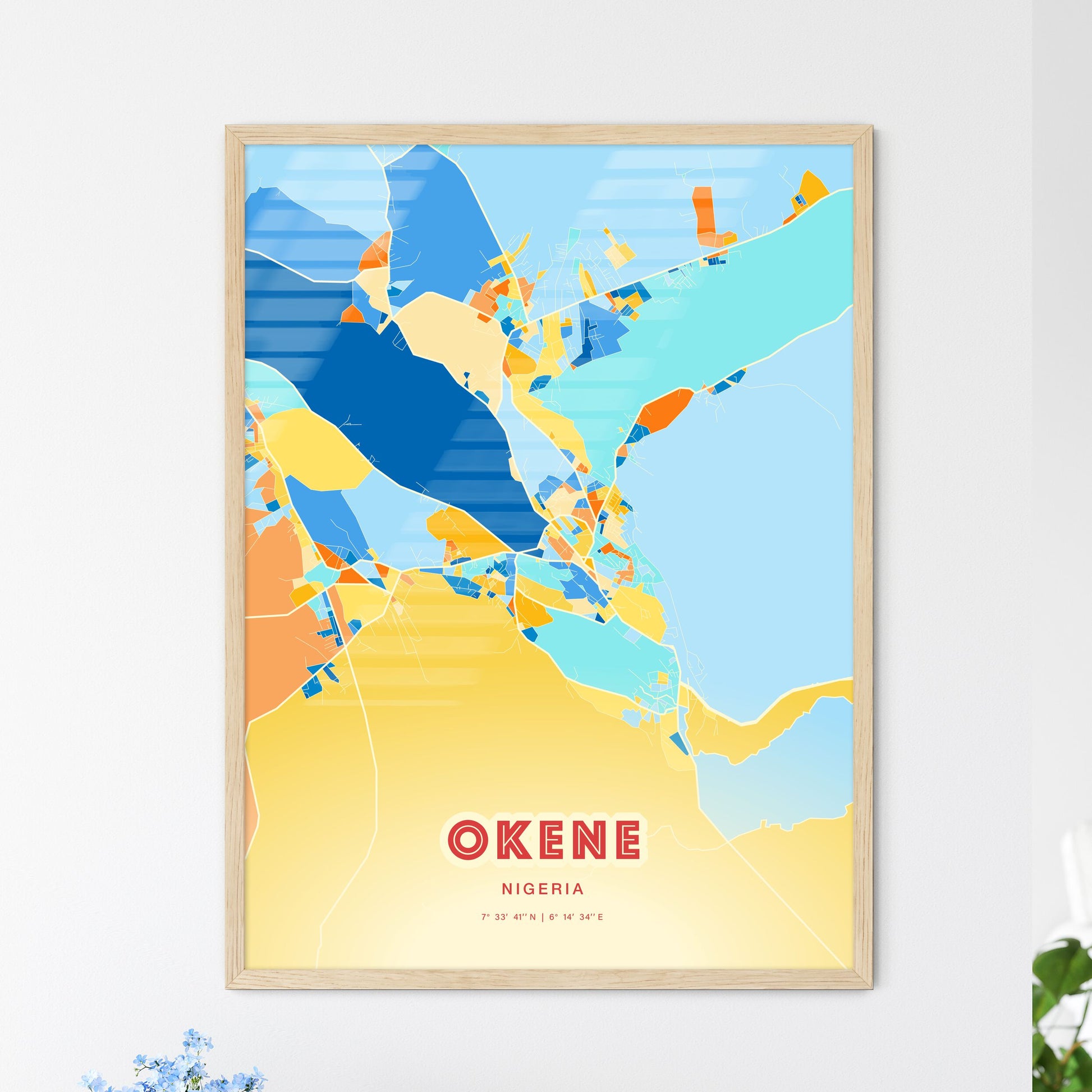 Colorful OKENE NIGERIA Fine Art Map Blue Orange