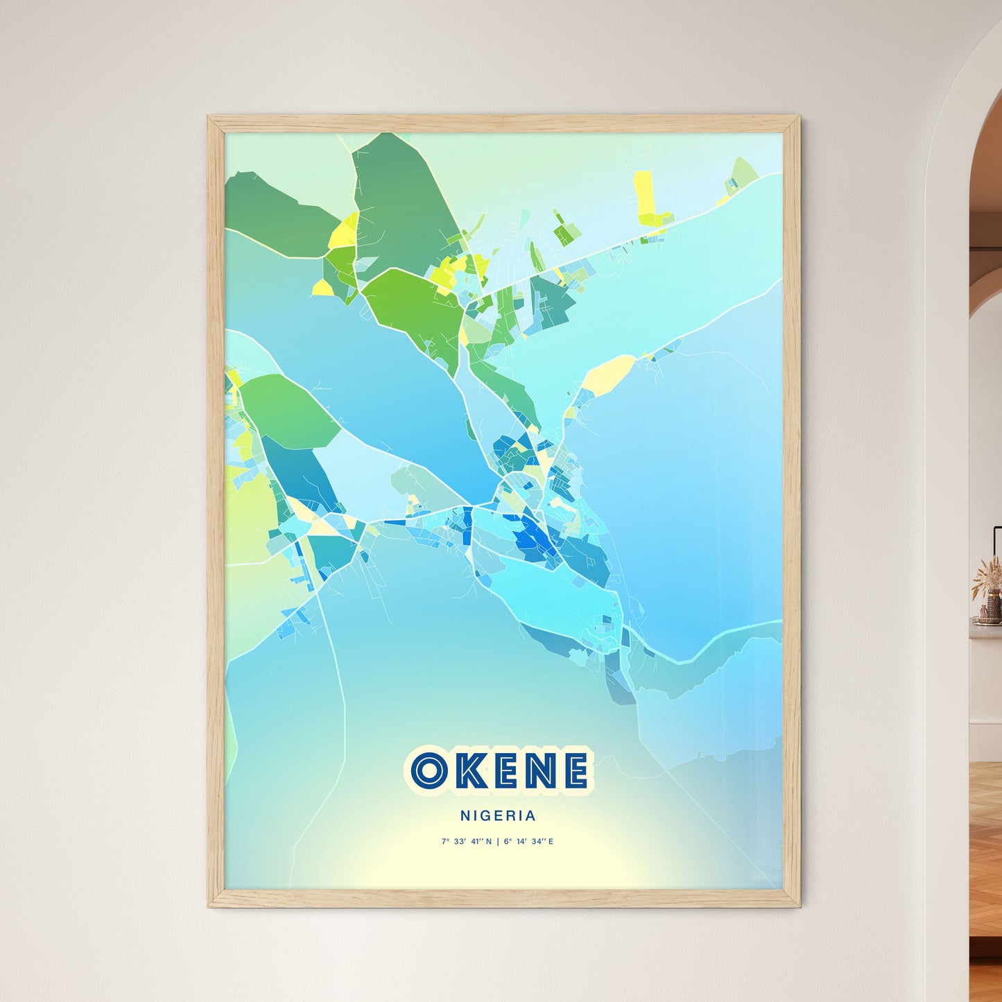 Colorful OKENE NIGERIA Fine Art Map Cool Blue