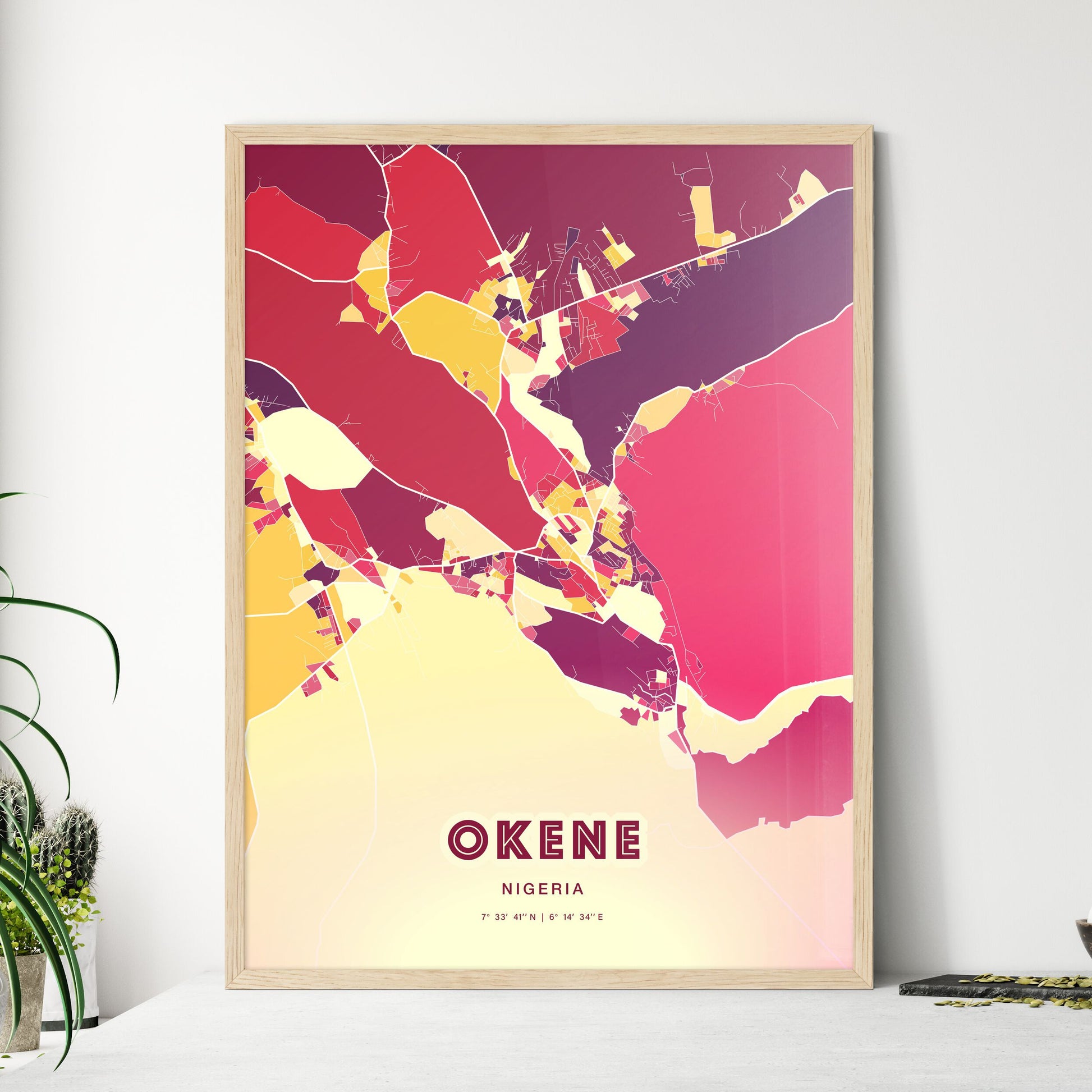 Colorful OKENE NIGERIA Fine Art Map Hot Red