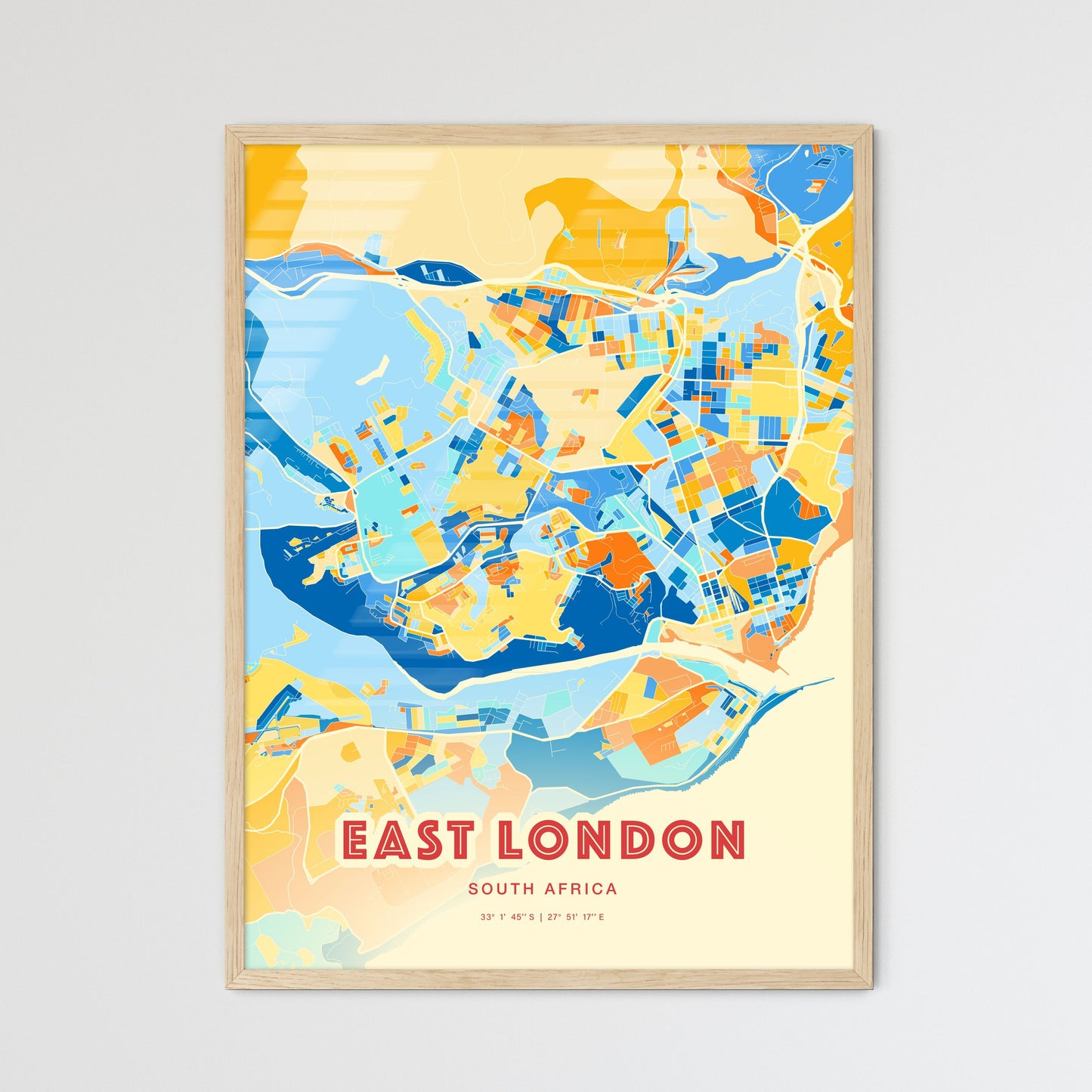 Colorful EAST LONDON SOUTH AFRICA Fine Art Map Blue Orange