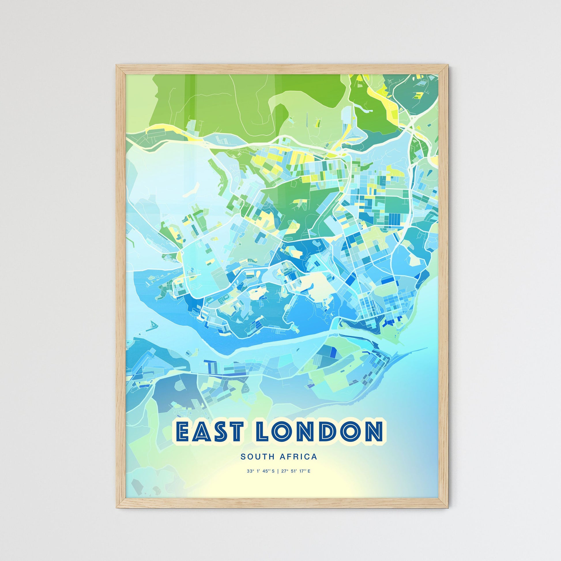 Colorful EAST LONDON SOUTH AFRICA Fine Art Map Cool Blue