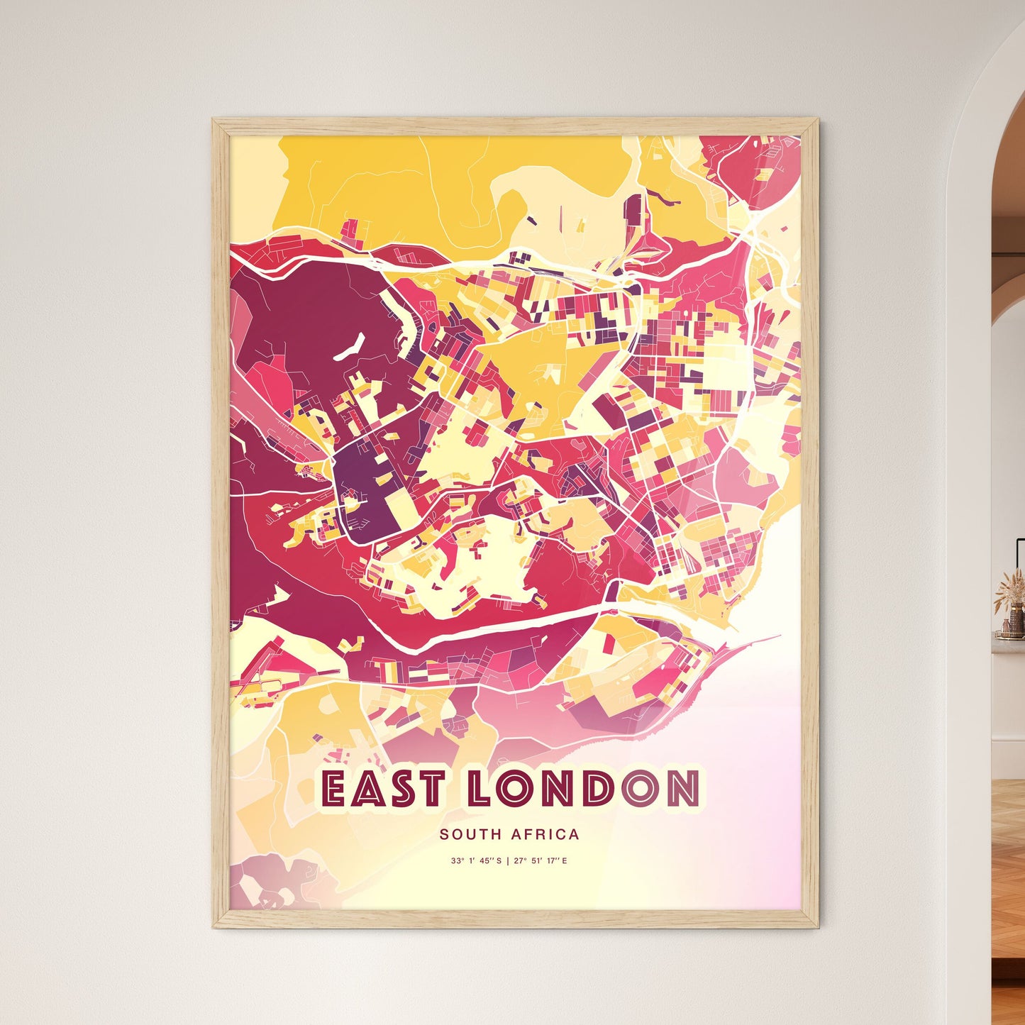 Colorful EAST LONDON SOUTH AFRICA Fine Art Map Hot Red