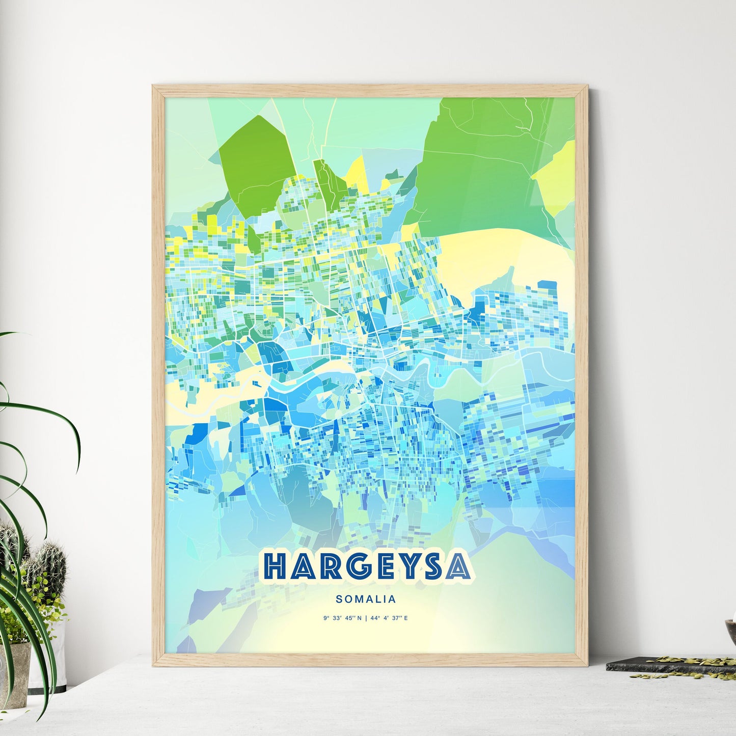 Colorful HARGEYSA SOMALIA Fine Art Map Cool Blue