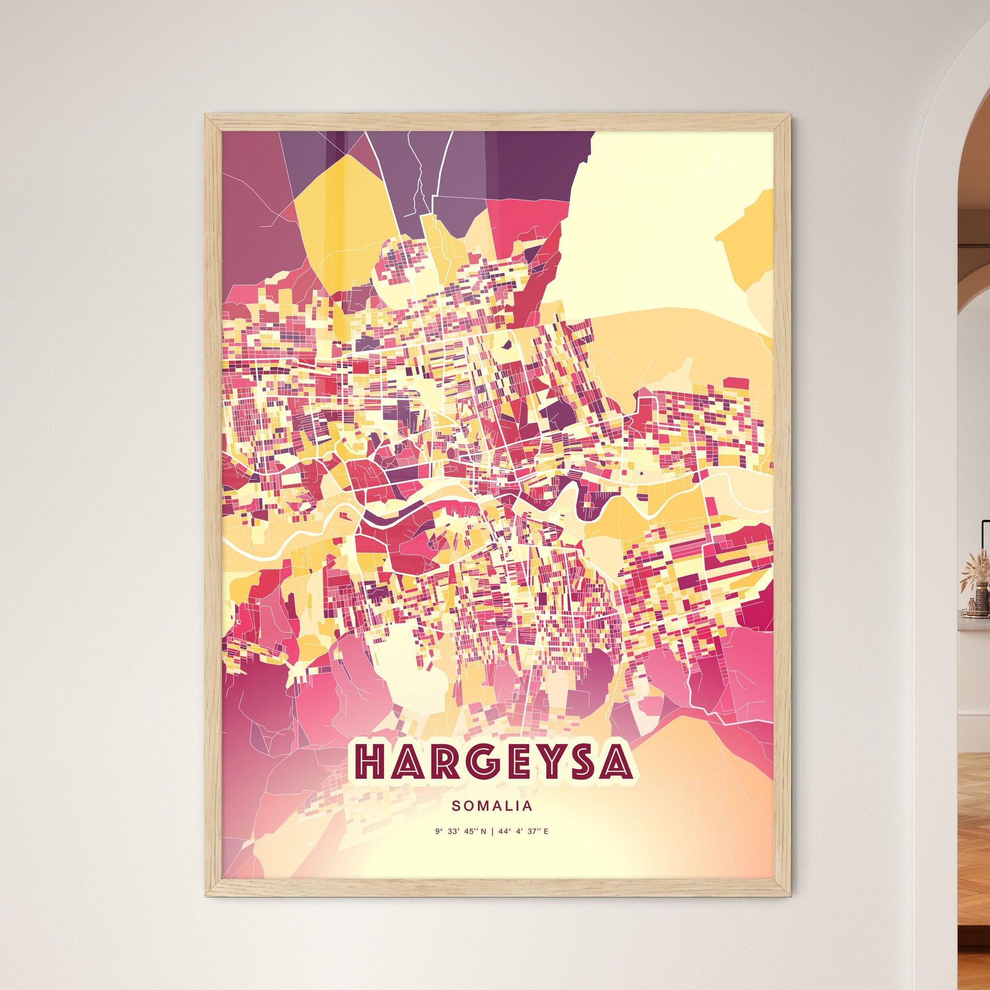 Colorful HARGEYSA SOMALIA Fine Art Map Hot Red