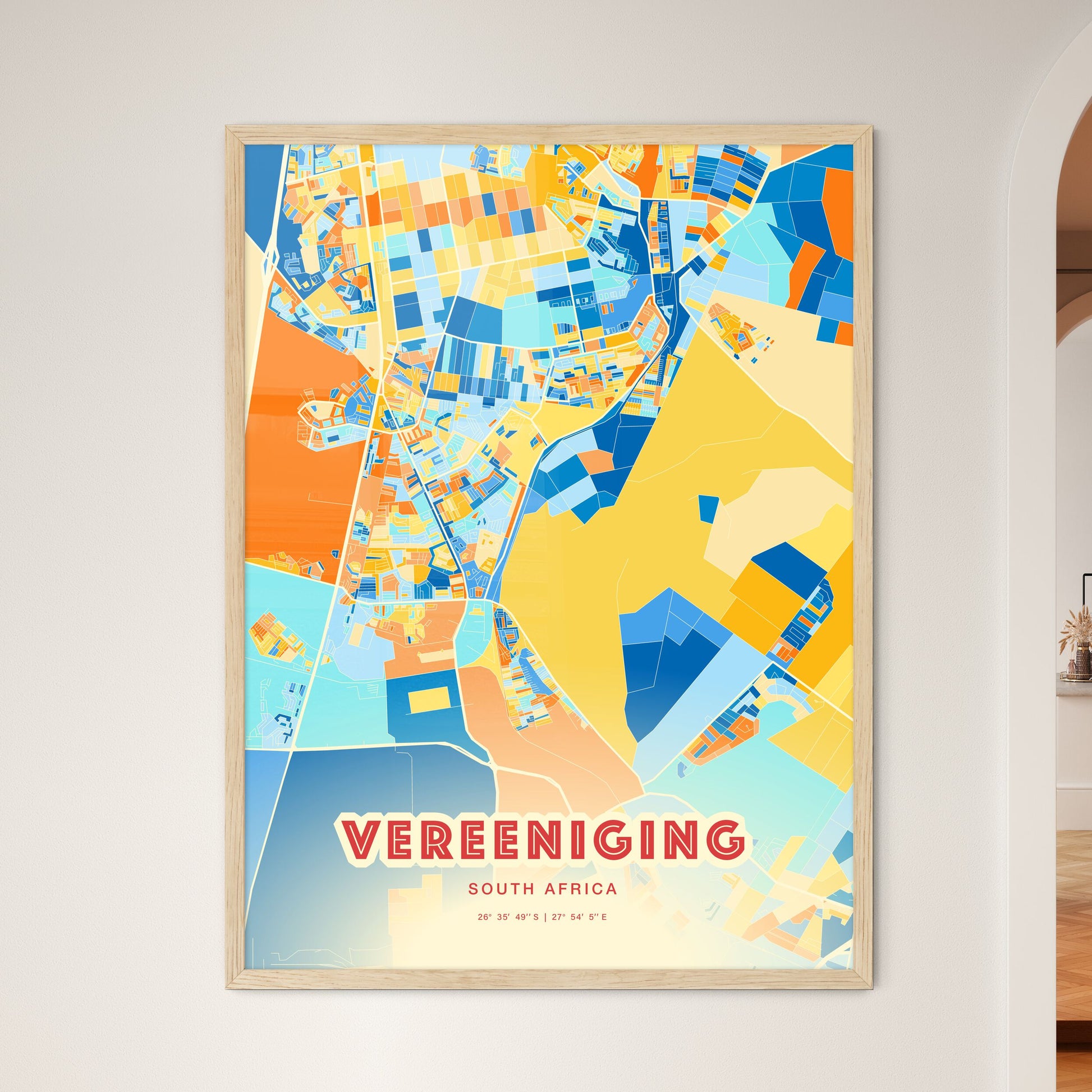 Colorful VEREENIGING SOUTH AFRICA Fine Art Map Blue Orange