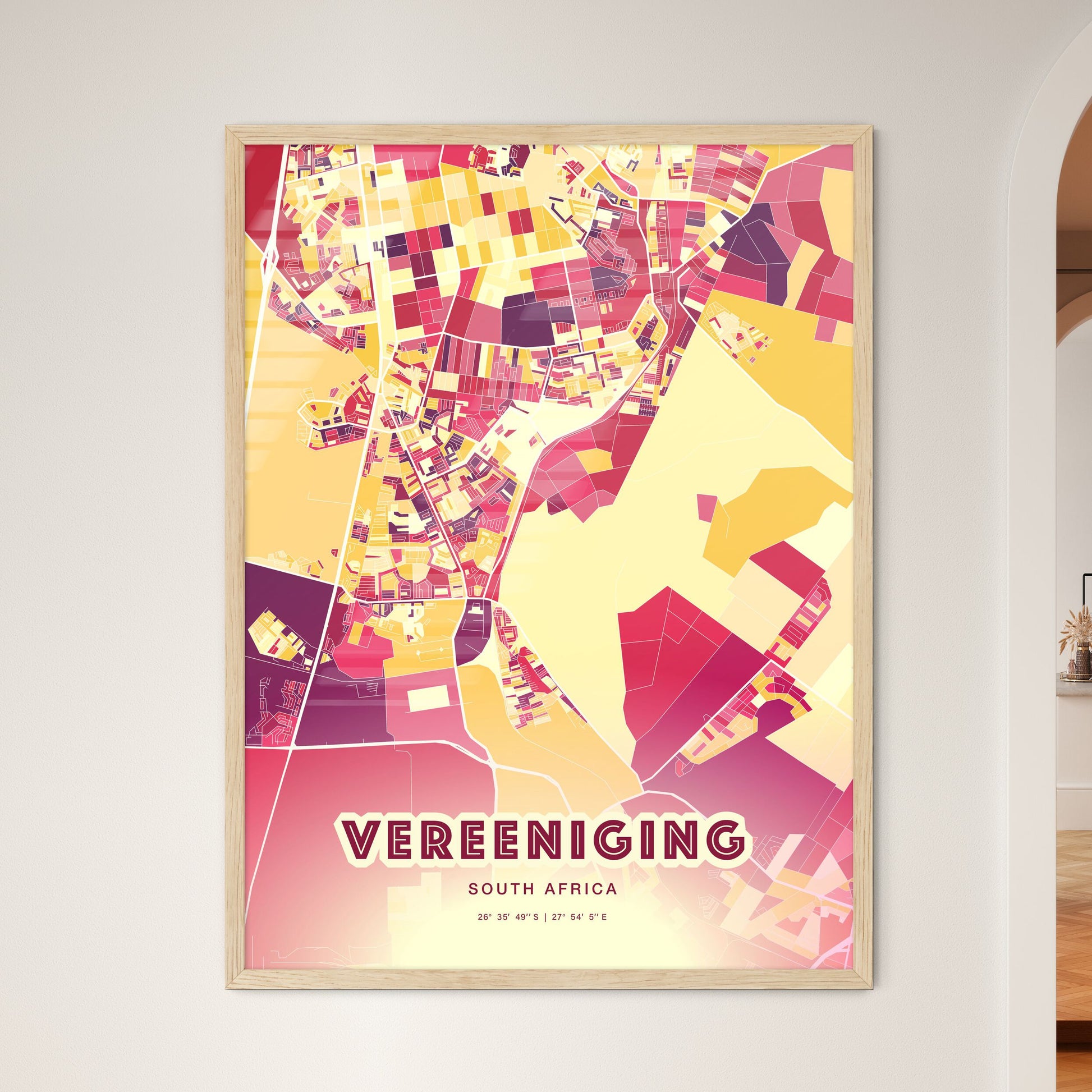 Colorful VEREENIGING SOUTH AFRICA Fine Art Map Hot Red