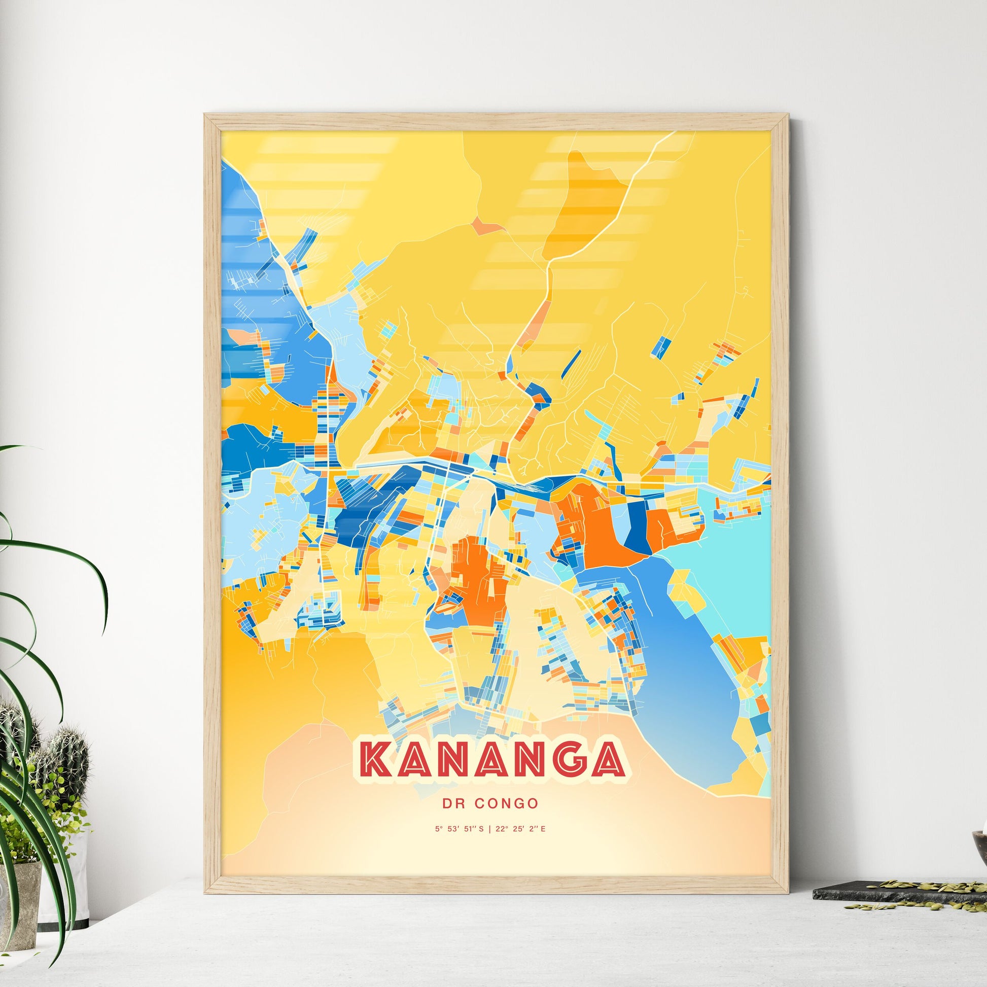 Colorful KANANGA DR CONGO Fine Art Map Blue Orange