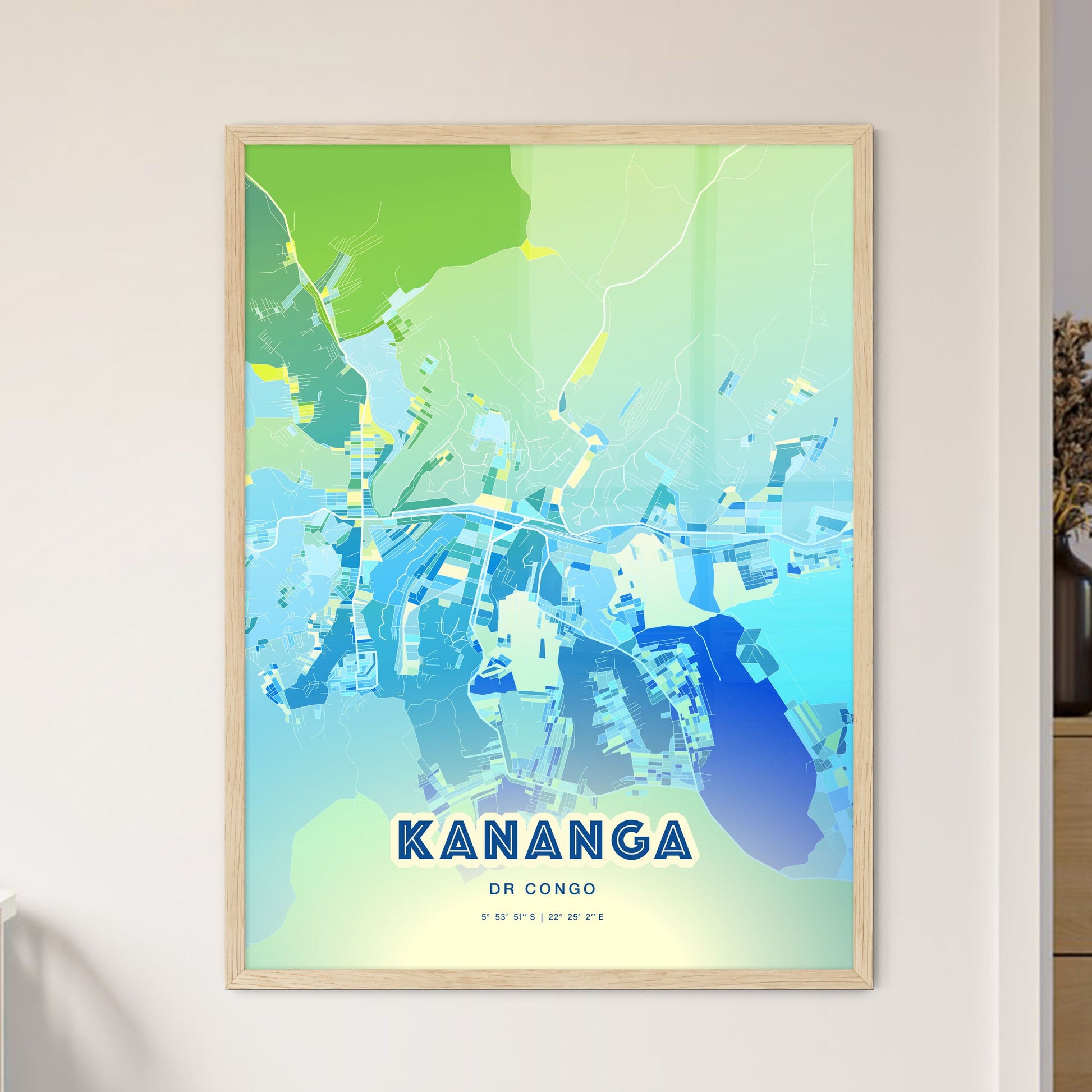 Colorful KANANGA DR CONGO Fine Art Map Cool Blue