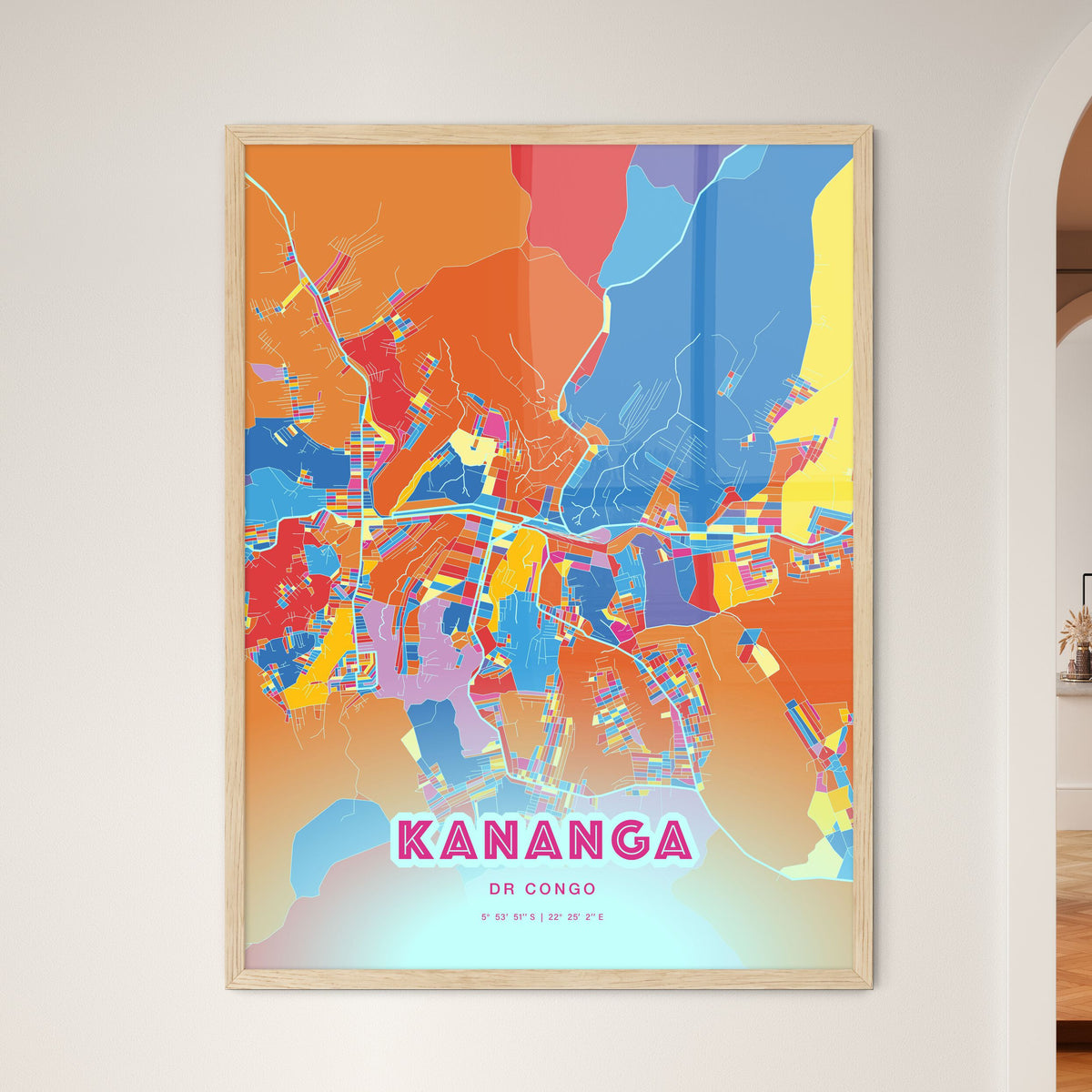 Colorful KANANGA DR CONGO Fine Art Map Crazy Colors