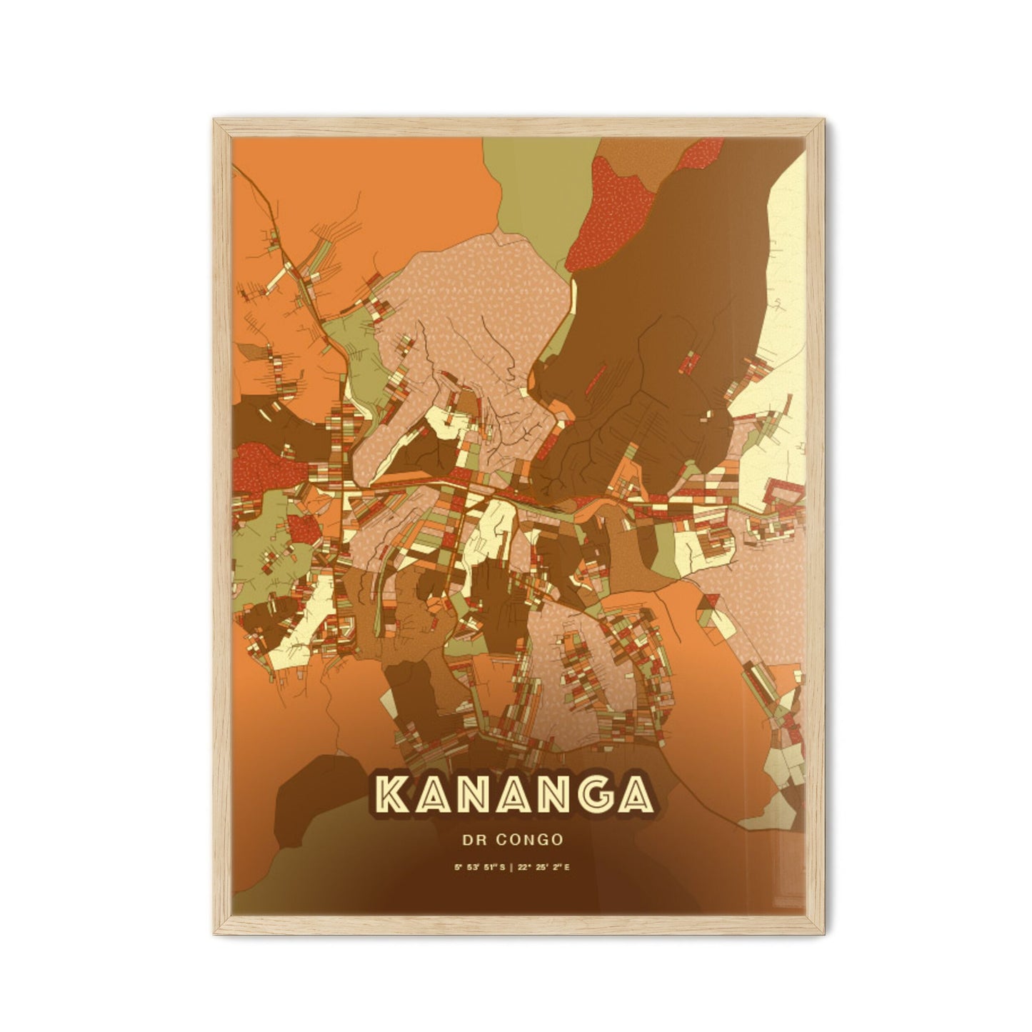 Colorful KANANGA DR CONGO Fine Art Map Farmhouse