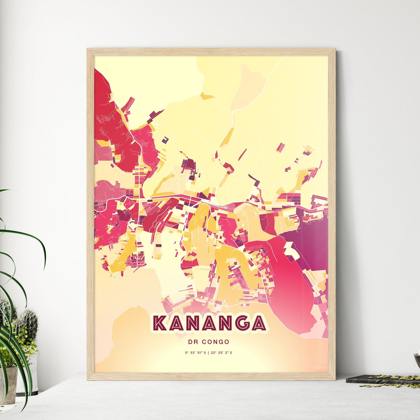 Colorful KANANGA DR CONGO Fine Art Map Hot Red