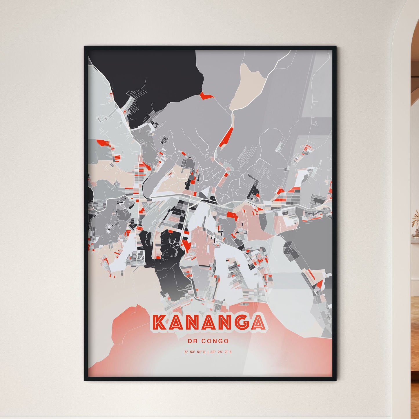 Colorful KANANGA DR CONGO Fine Art Map Modern