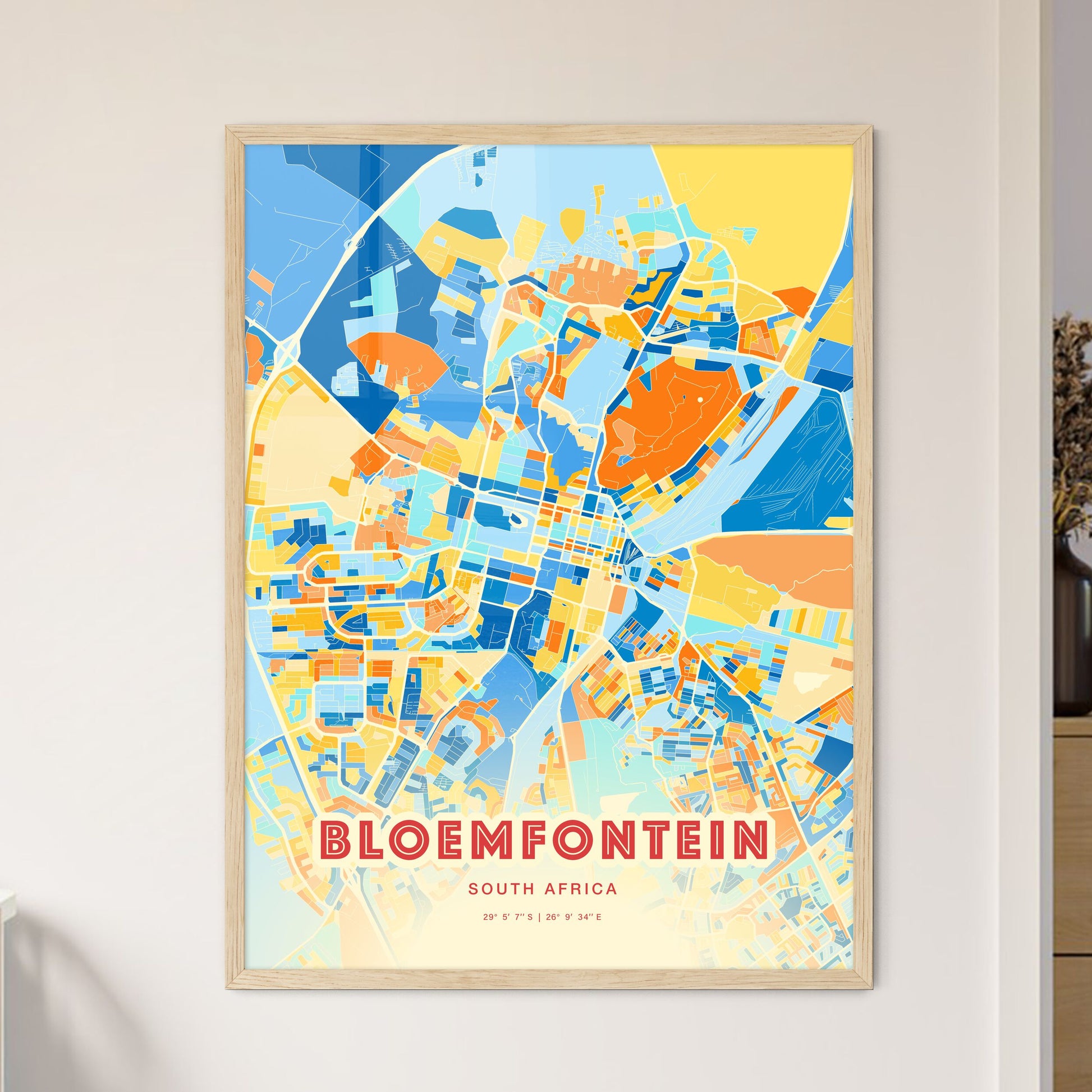 Colorful BLOEMFONTEIN SOUTH AFRICA Fine Art Map Blue Orange