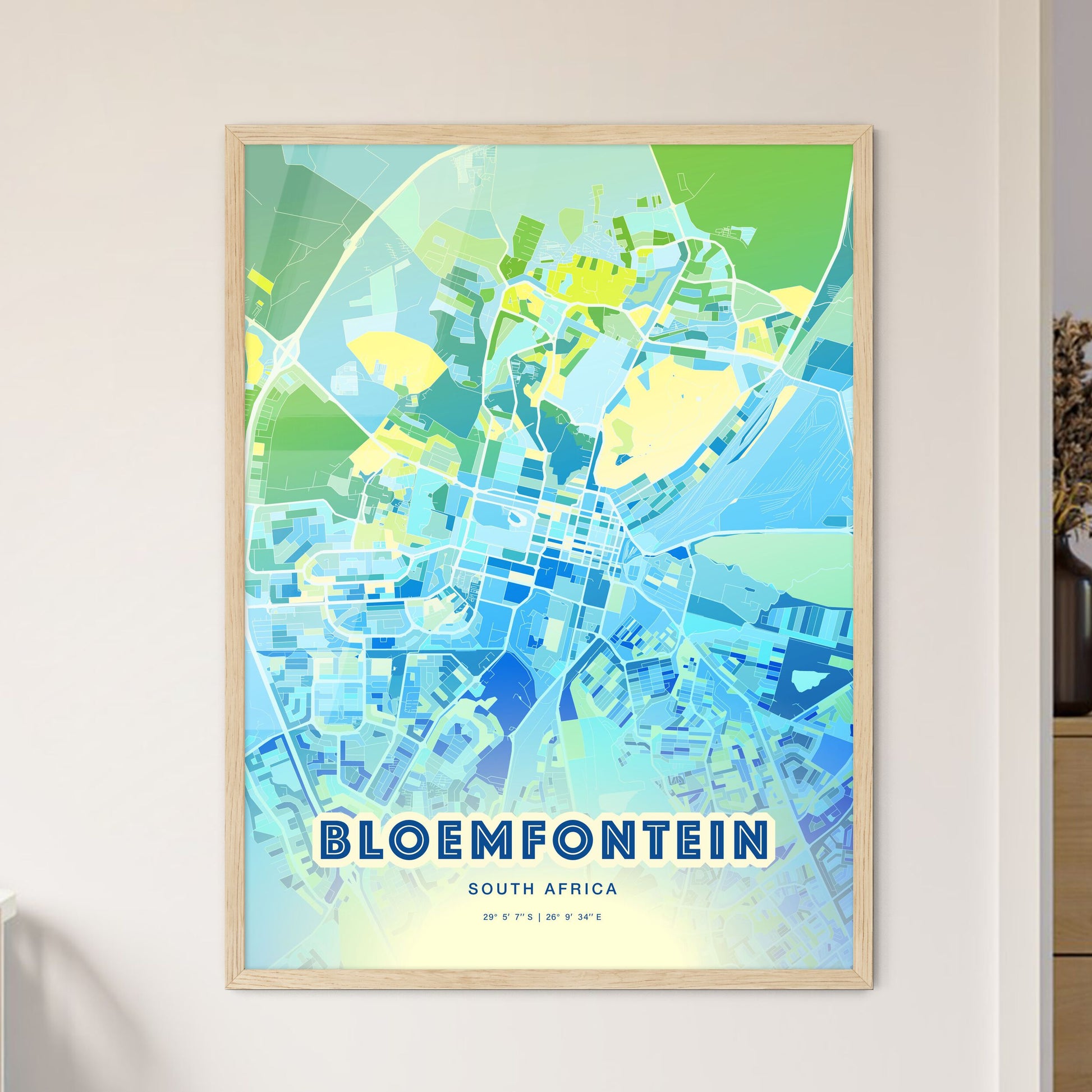 Colorful BLOEMFONTEIN SOUTH AFRICA Fine Art Map Cool Blue