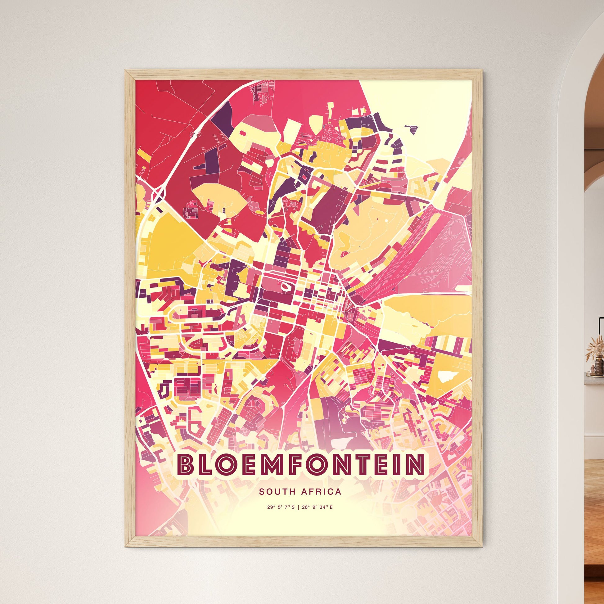 Colorful BLOEMFONTEIN SOUTH AFRICA Fine Art Map Hot Red