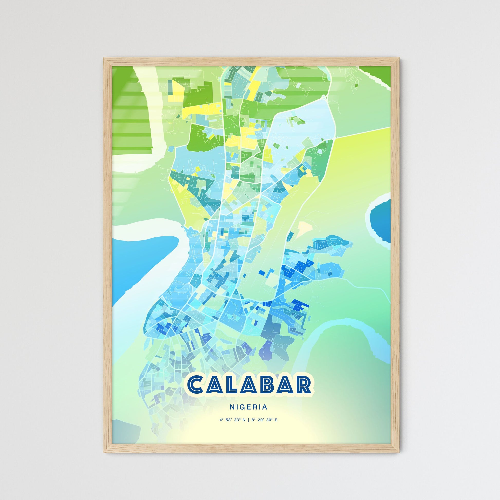 Colorful CALABAR NIGERIA Fine Art Map Cool Blue