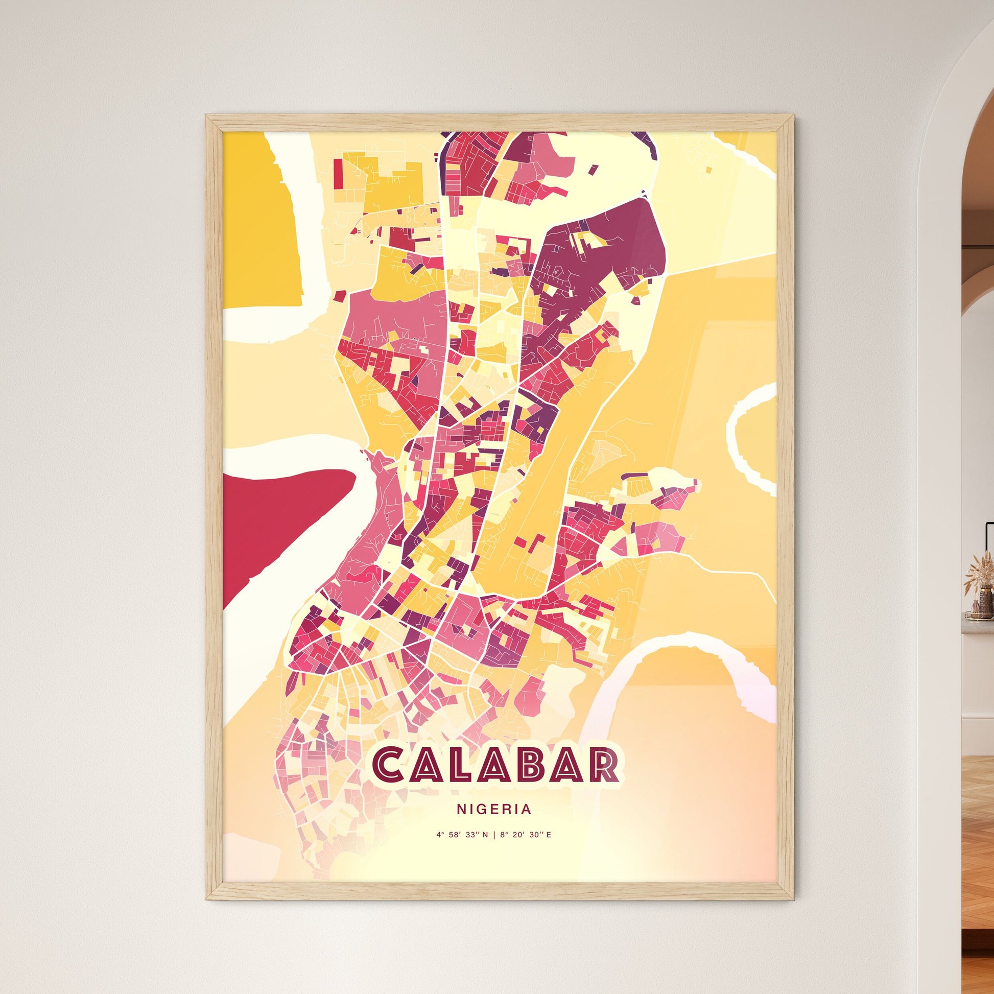 Colorful CALABAR NIGERIA Fine Art Map Hot Red