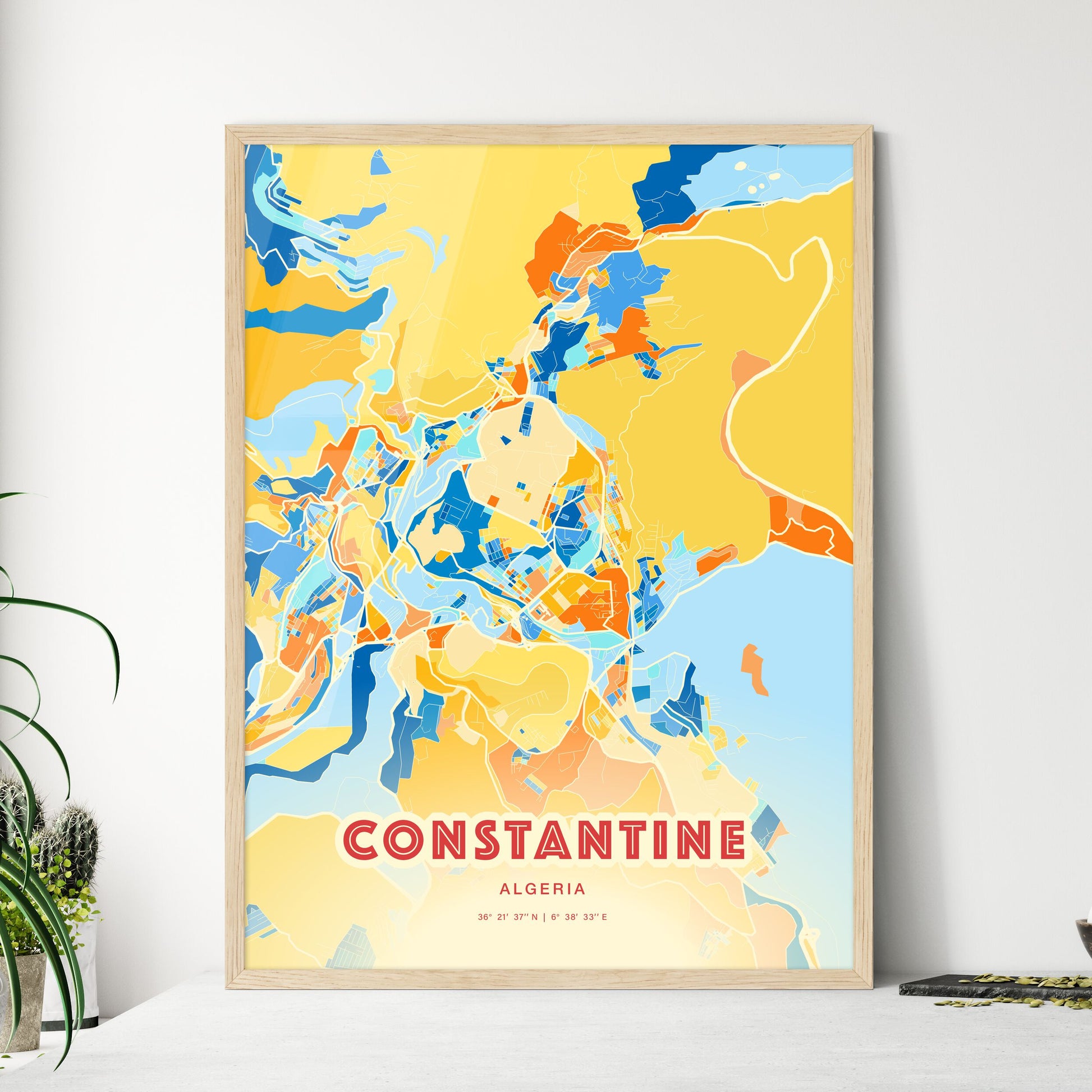 Colorful CONSTANTINE ALGERIA Fine Art Map Blue Orange