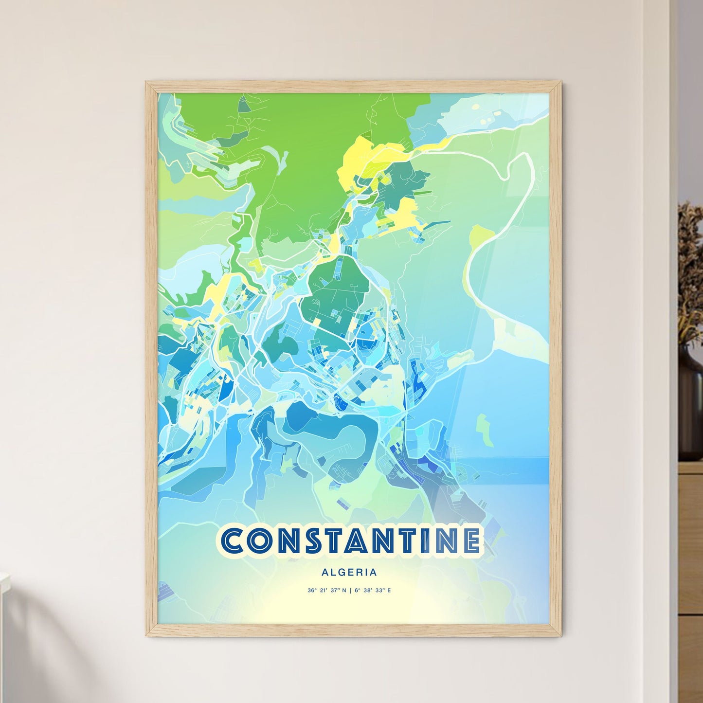 Colorful CONSTANTINE ALGERIA Fine Art Map Cool Blue