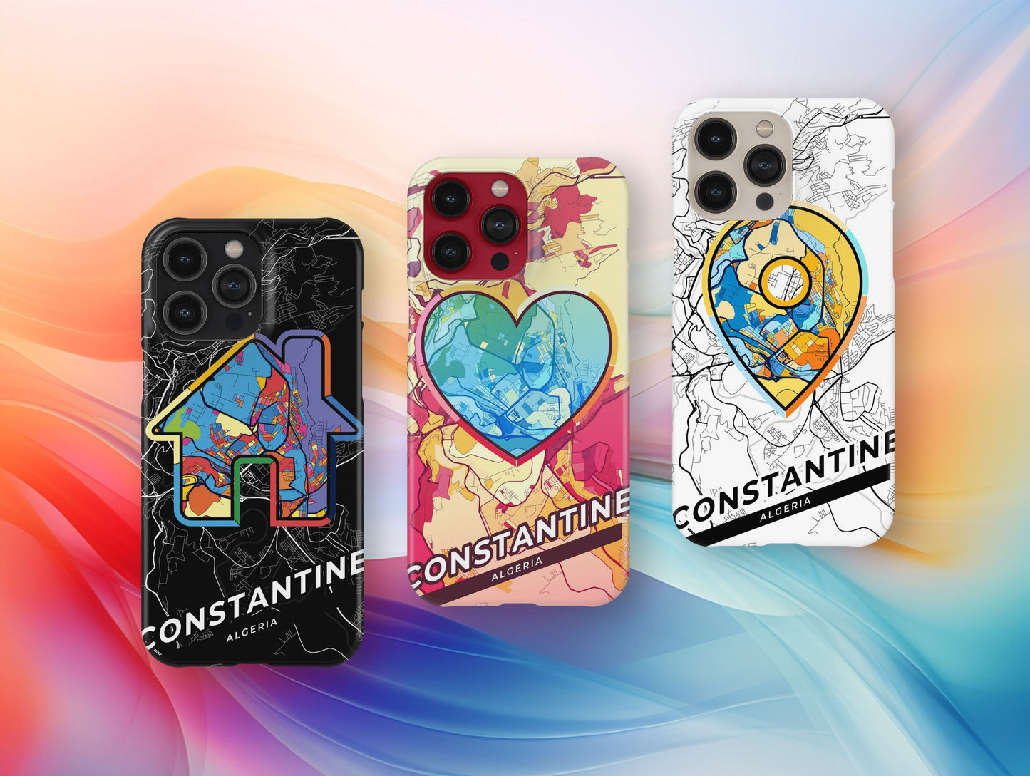 Constantine Algeria slim phone case with colorful icon. Birthday, wedding or housewarming gift. Couple match cases.