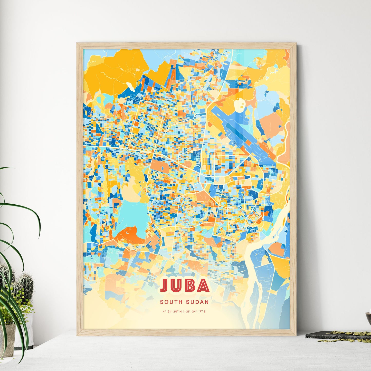 Colorful JUBA SOUTH SUDAN Fine Art Map Blue Orange