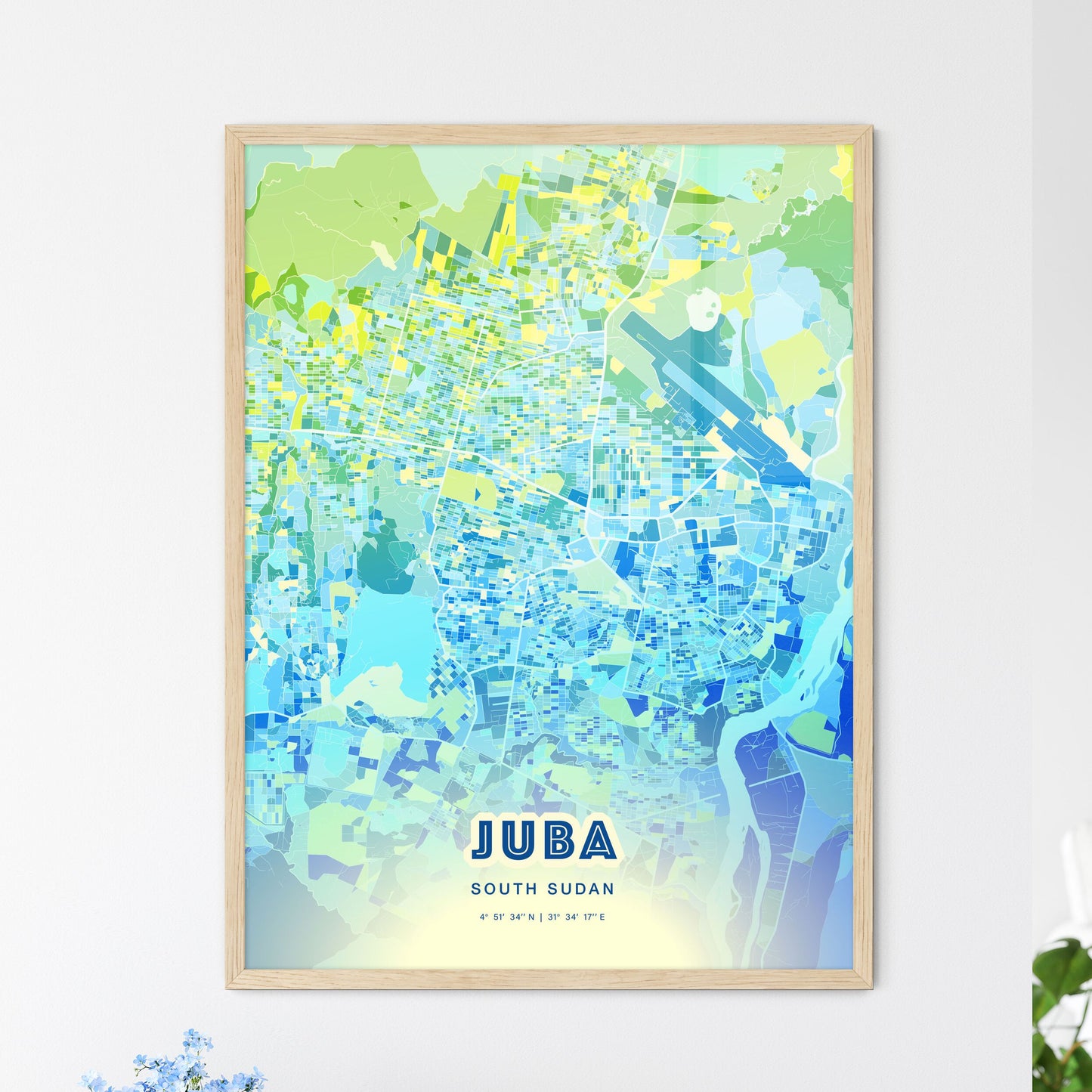 Colorful JUBA SOUTH SUDAN Fine Art Map Cool Blue