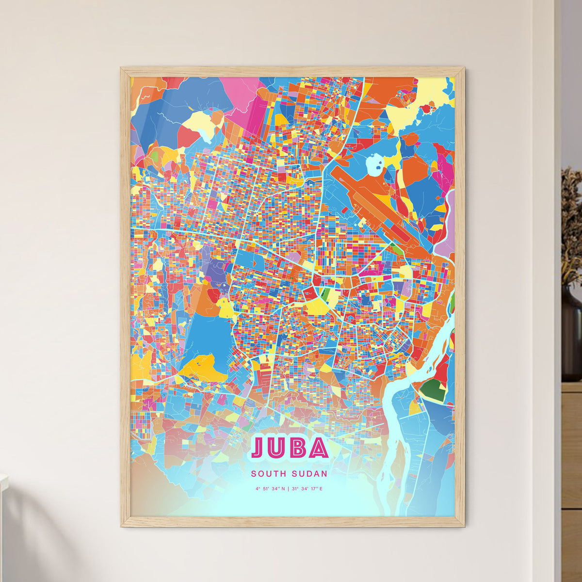 Colorful JUBA SOUTH SUDAN Fine Art Map Crazy Colors