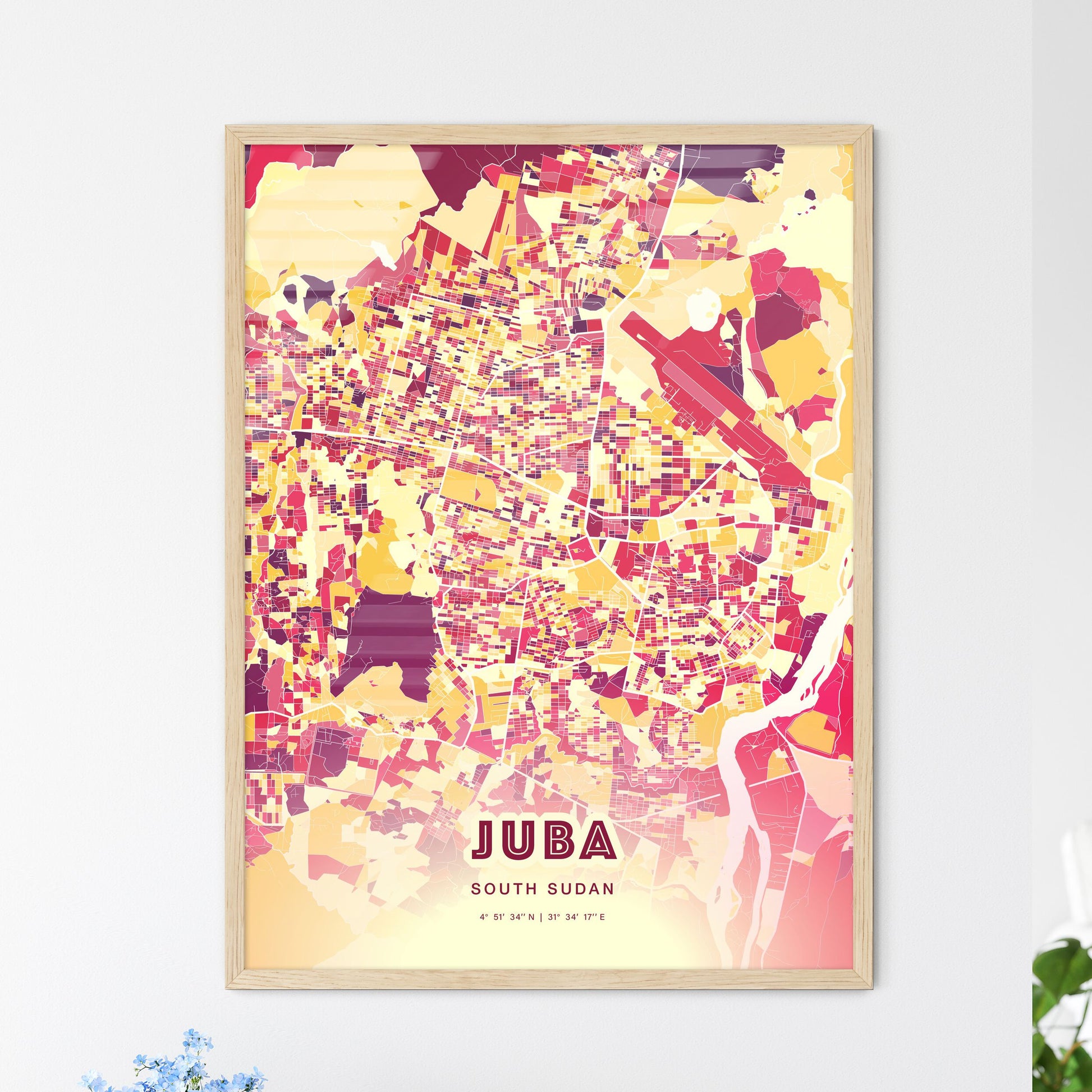 Colorful JUBA SOUTH SUDAN Fine Art Map Hot Red