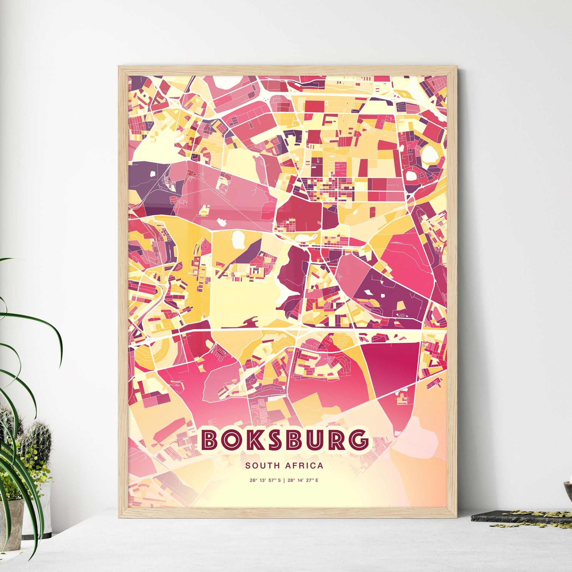 Colorful BOKSBURG SOUTH AFRICA Fine Art Map Hot Red