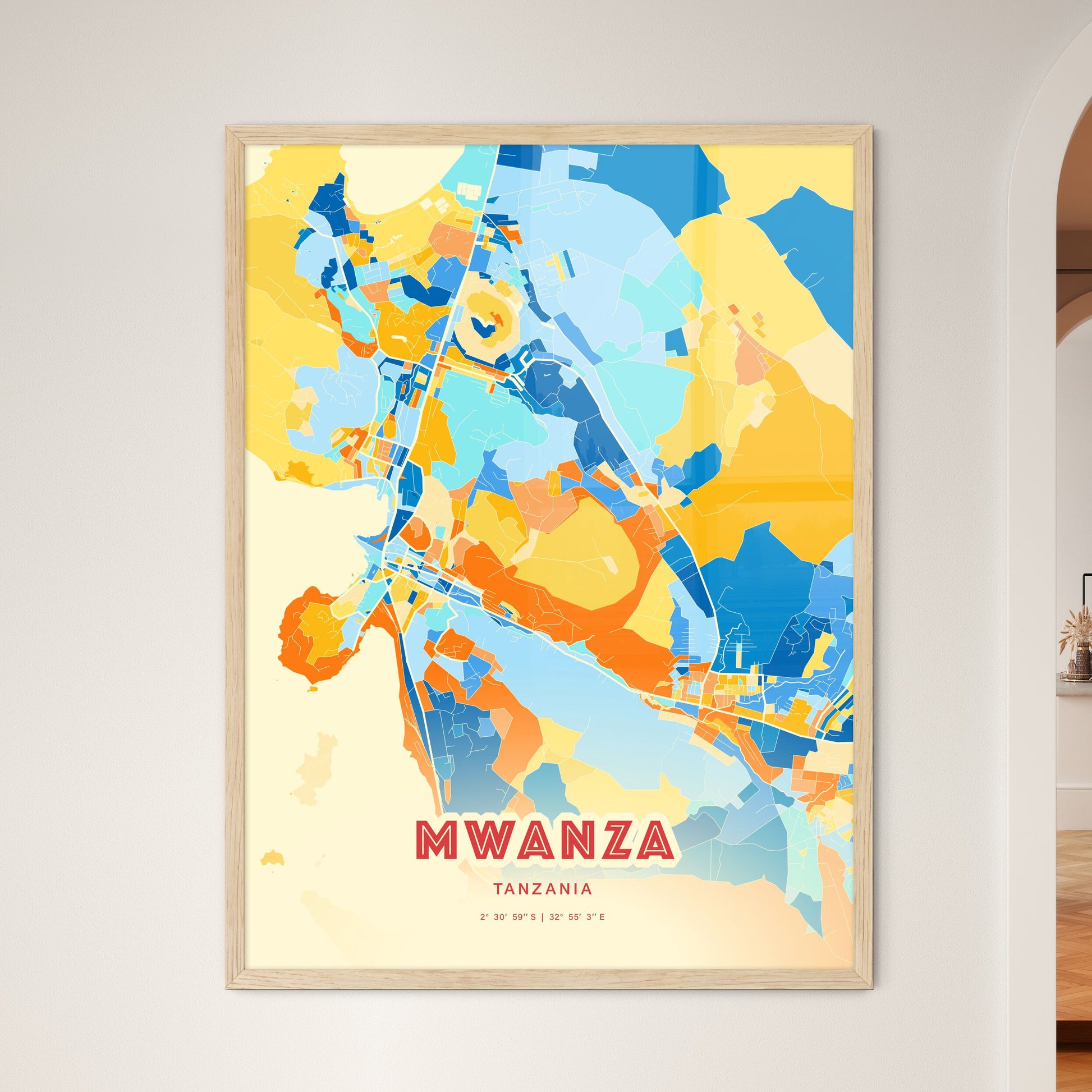 Colorful MWANZA TANZANIA Fine Art Map Blue Orange