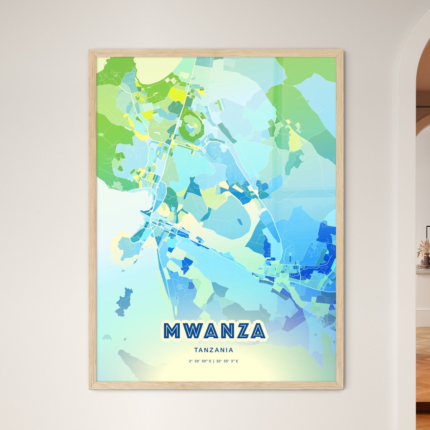 Colorful MWANZA TANZANIA Fine Art Map Cool Blue