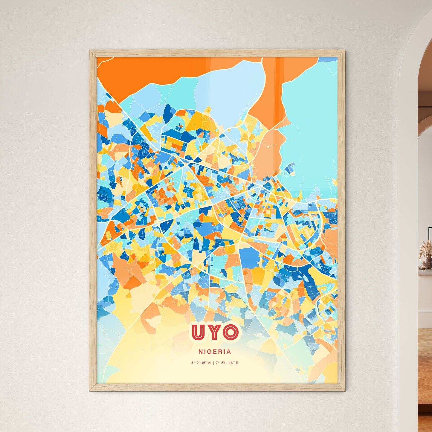 Colorful UYO NIGERIA Fine Art Map Blue Orange