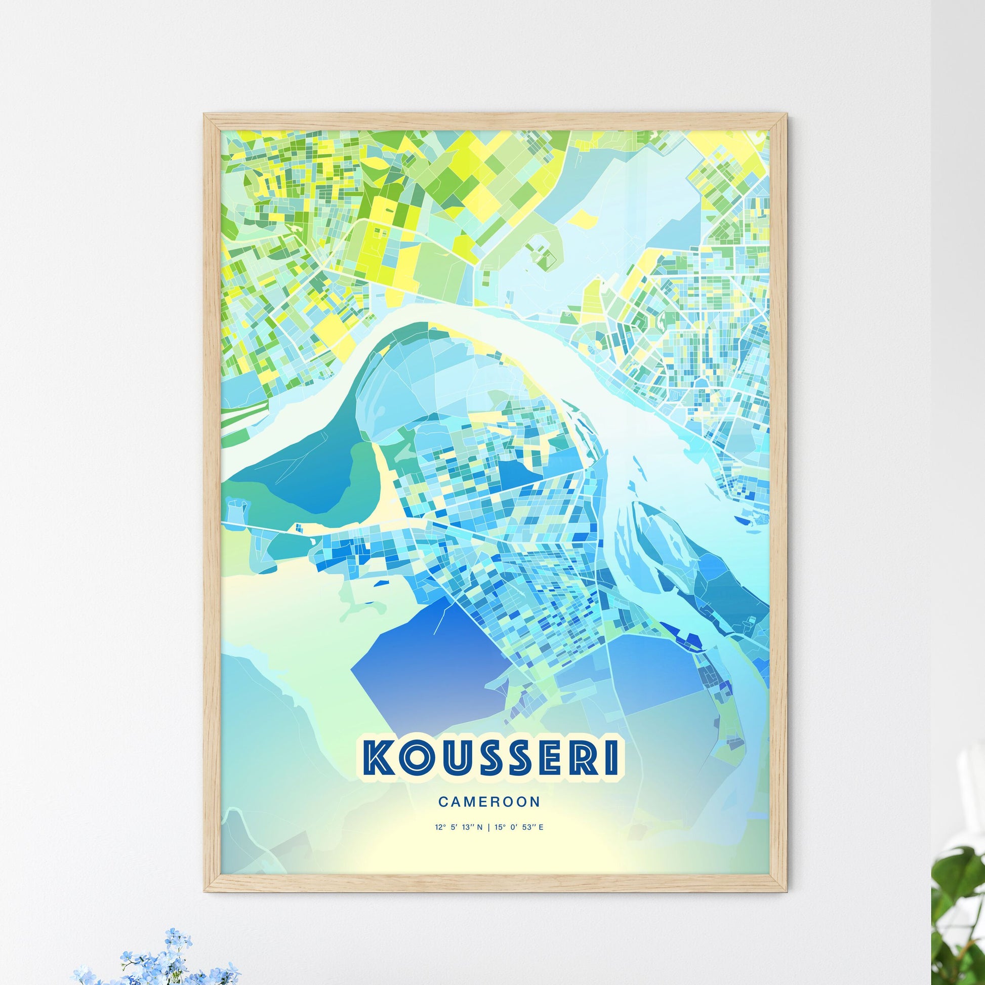 Colorful KOUSSERI CAMEROON Fine Art Map Cool Blue