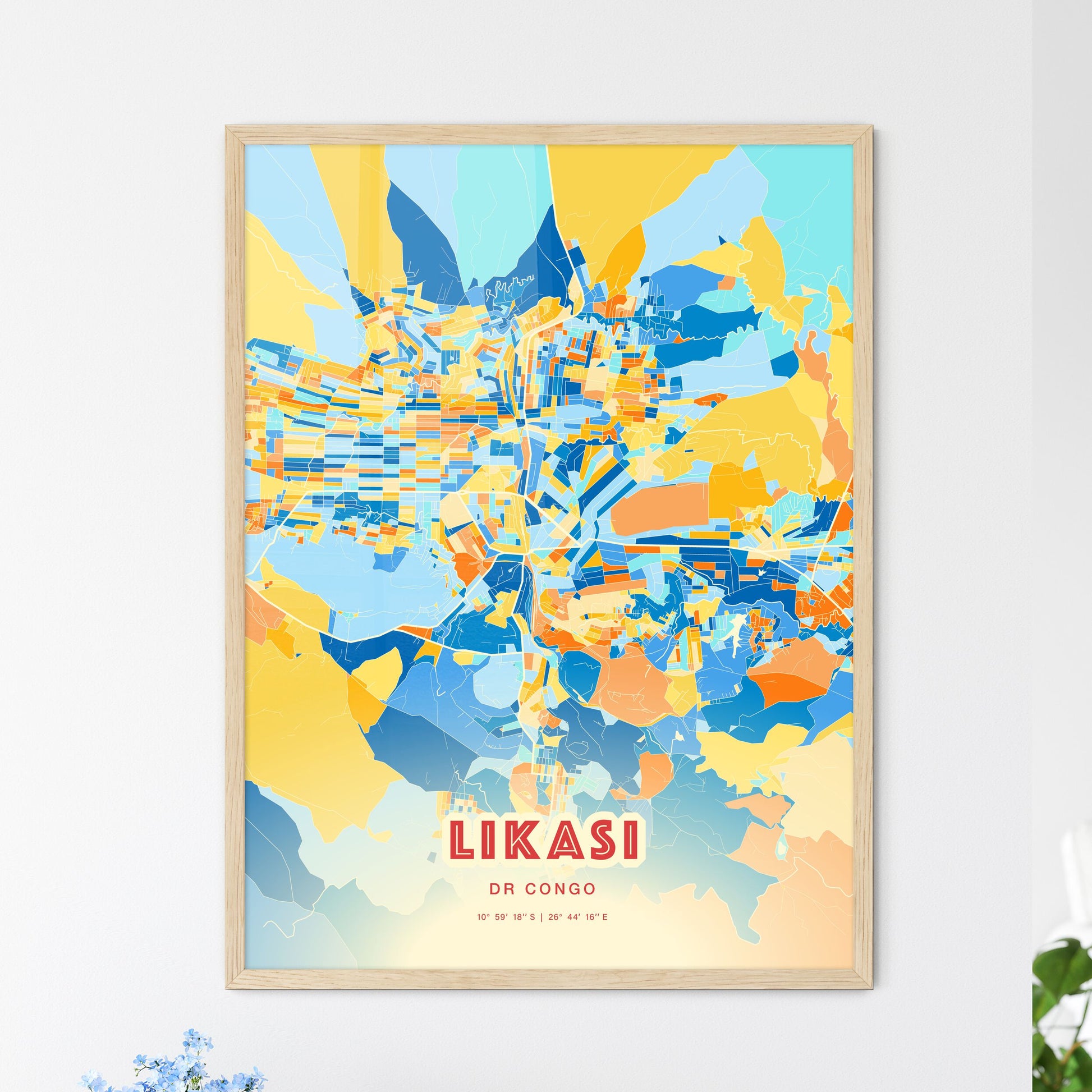 Colorful LIKASI DR CONGO Fine Art Map Blue Orange