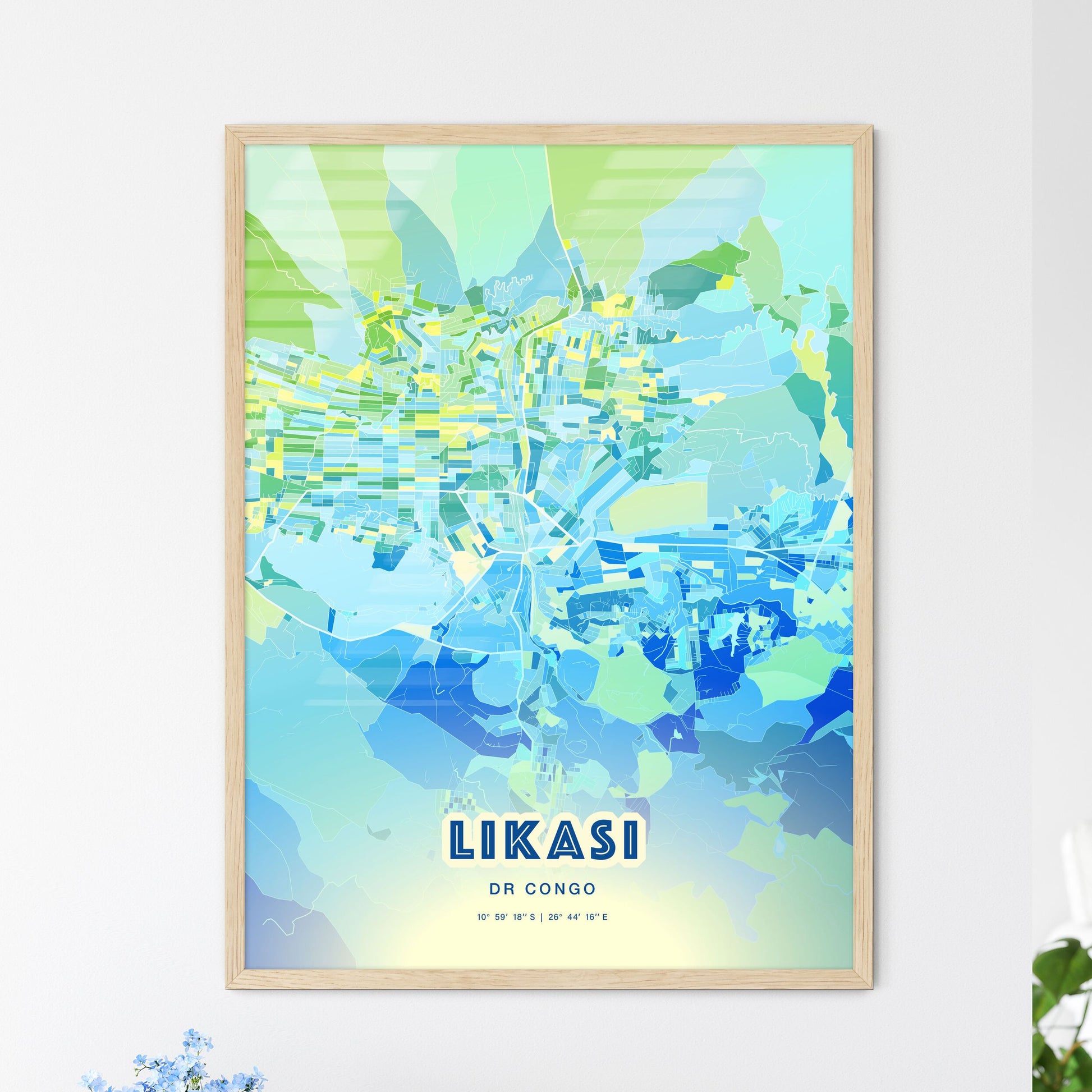 Colorful LIKASI DR CONGO Fine Art Map Cool Blue