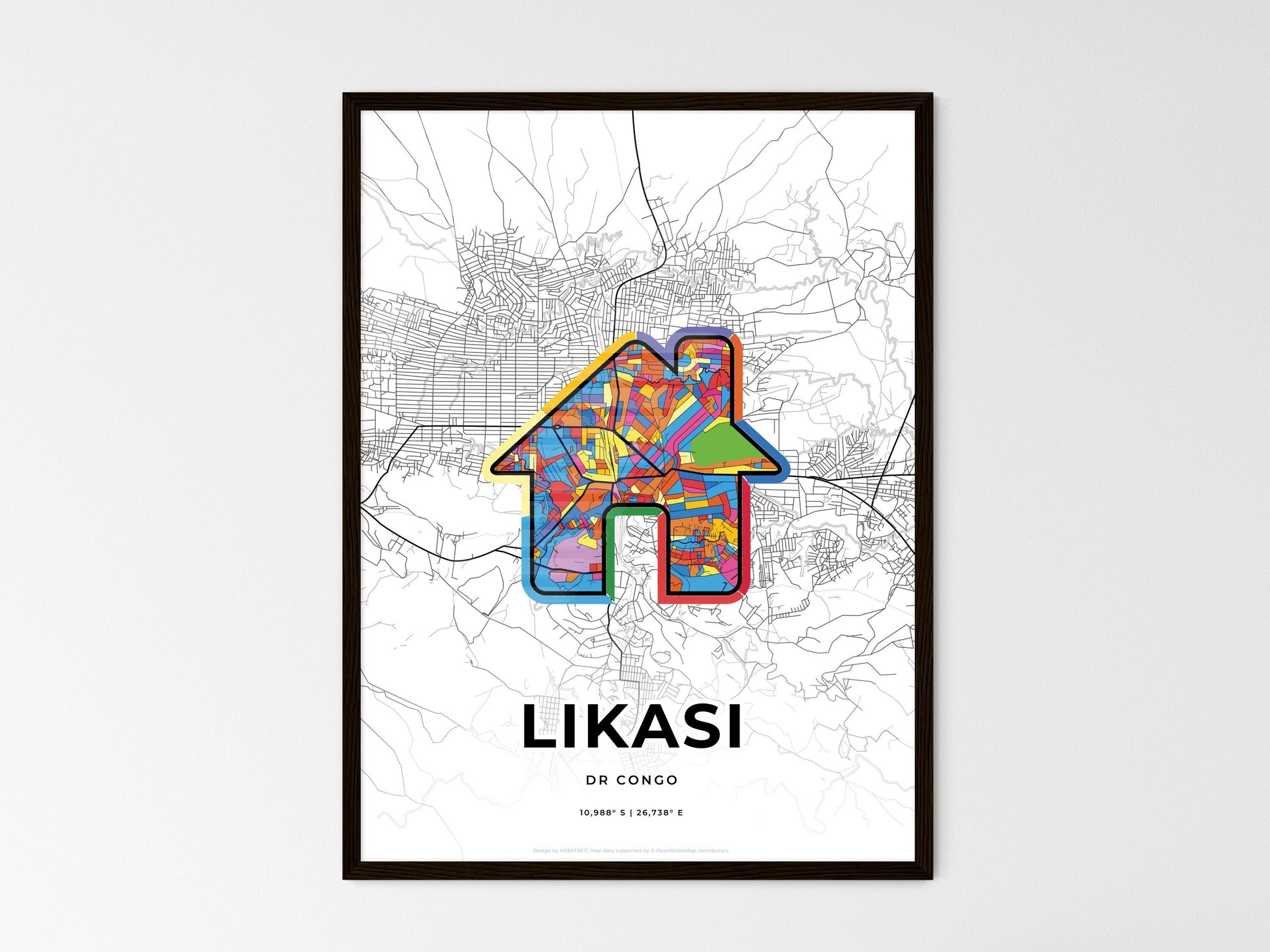 LIKASI DR CONGO minimal art map with a colorful icon. Where it all began, Couple map gift. Style 3