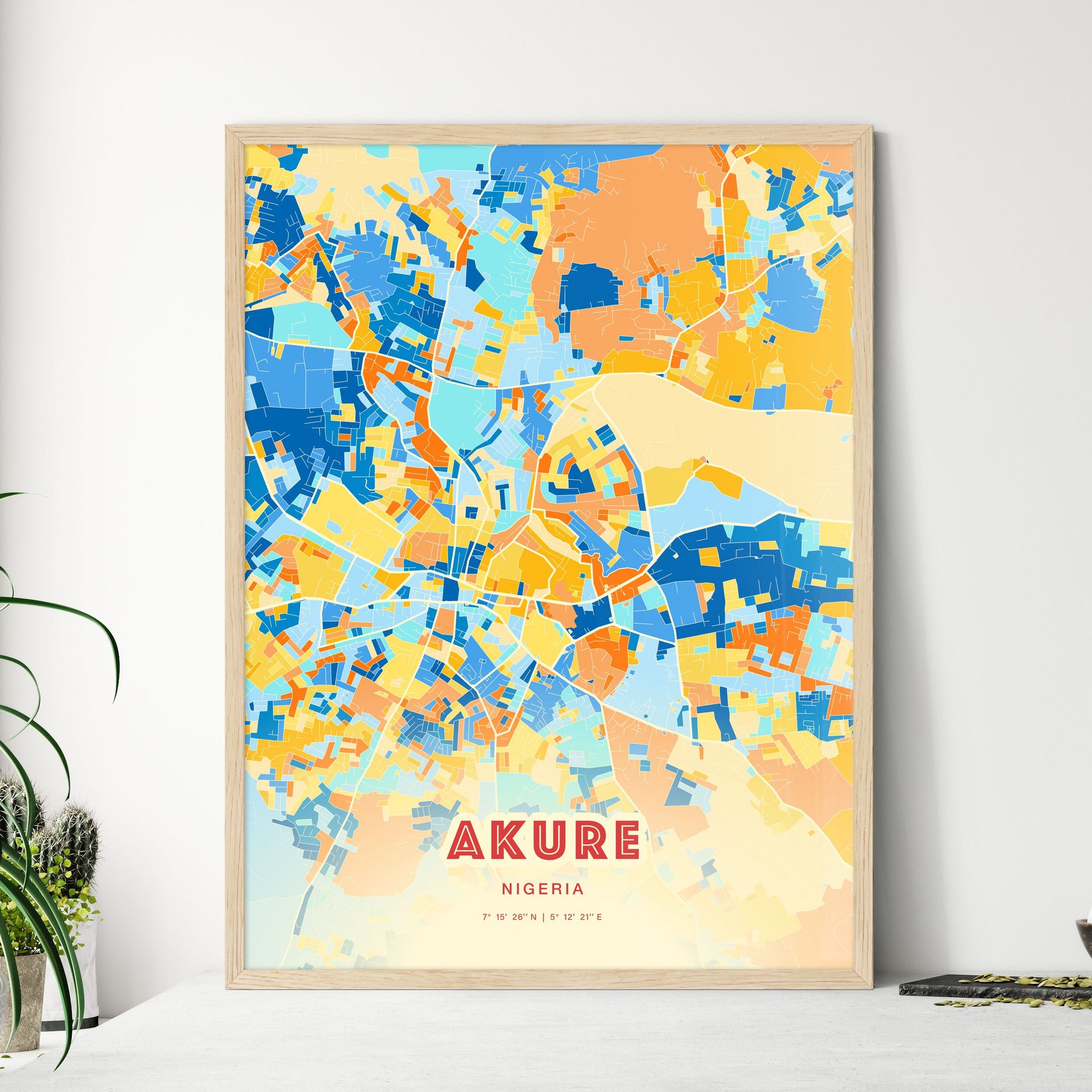 Colorful AKURE NIGERIA Fine Art Map Blue Orange