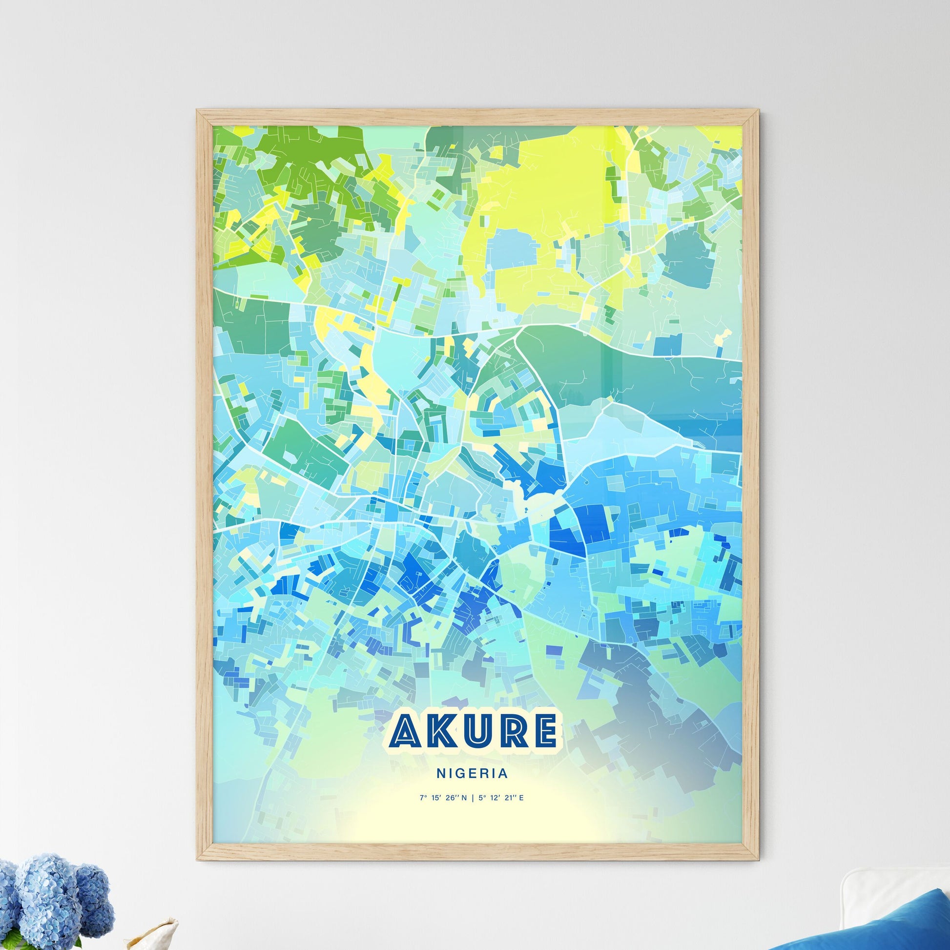 Colorful AKURE NIGERIA Fine Art Map Cool Blue