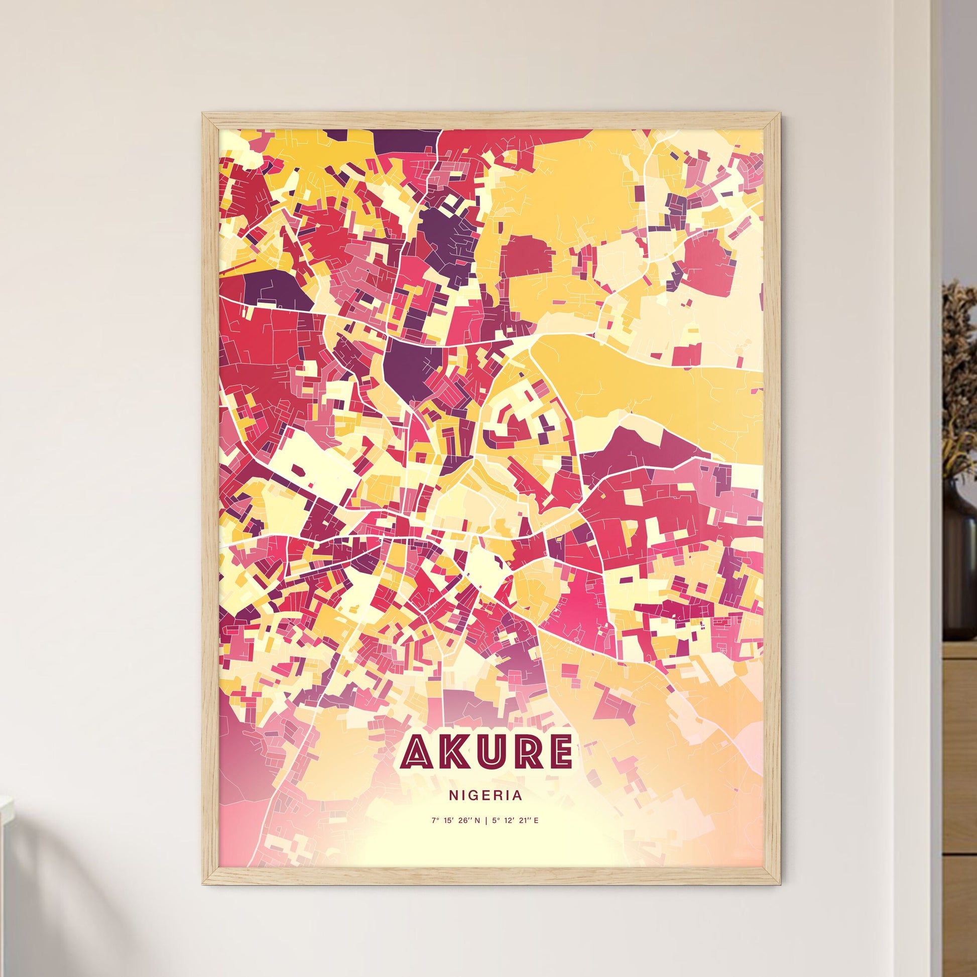 Colorful AKURE NIGERIA Fine Art Map Hot Red