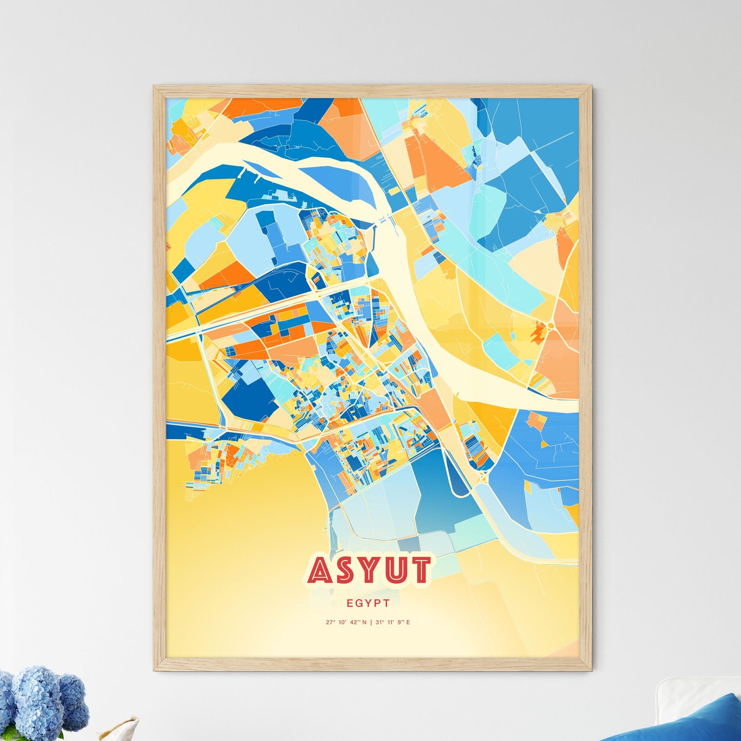 Colorful ASYUT EGYPT Fine Art Map Blue Orange