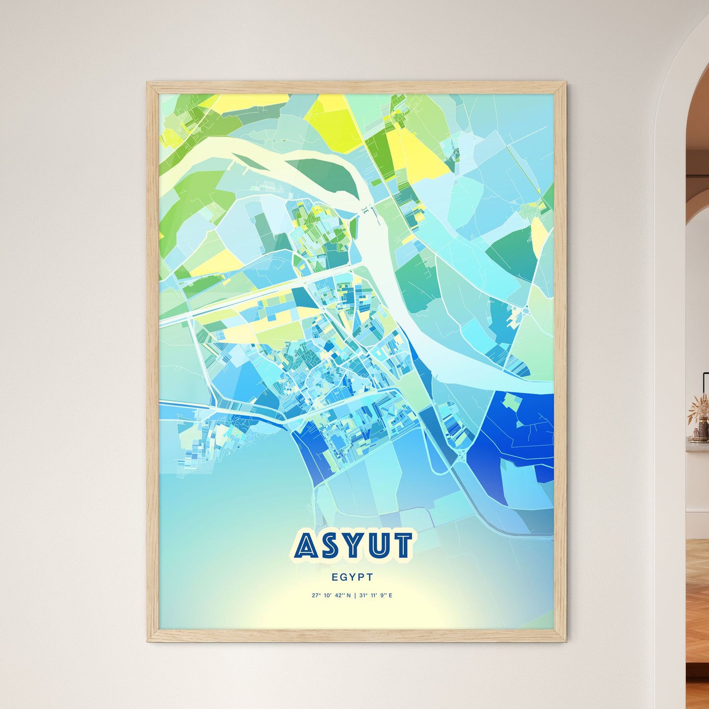 Colorful ASYUT EGYPT Fine Art Map Cool Blue