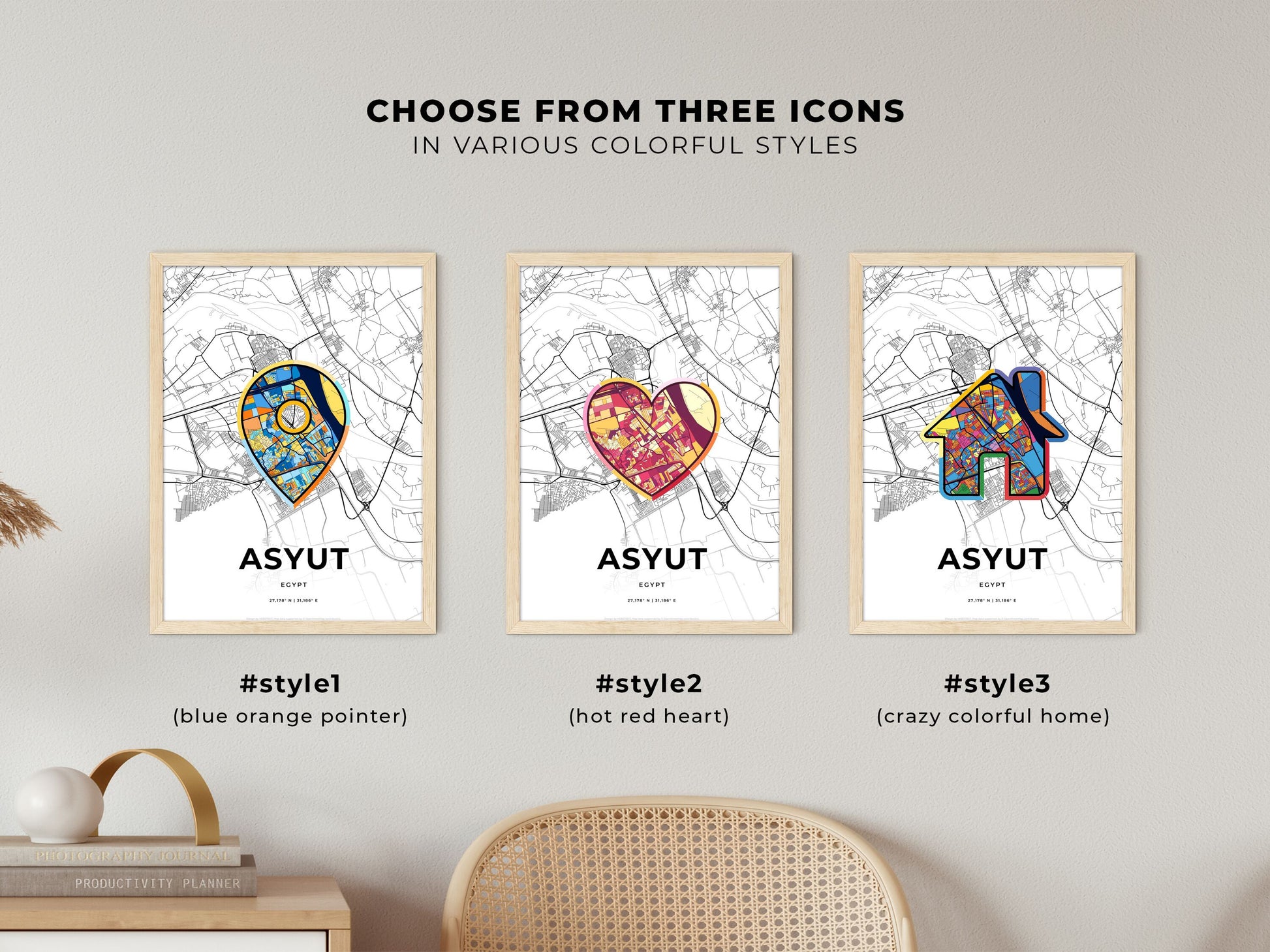 Asyut Egypt maps with colorful icons