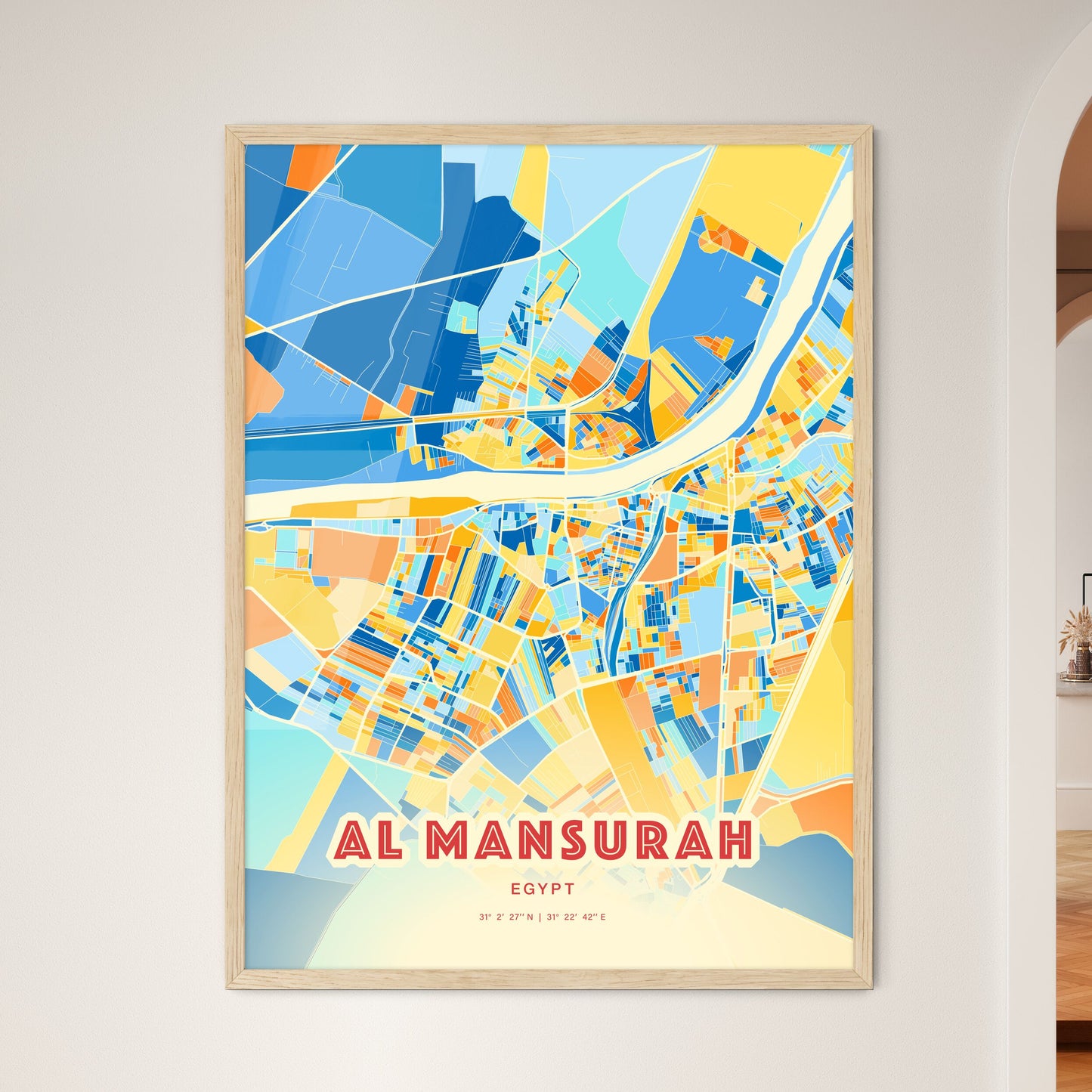 Colorful AL MANSURAH EGYPT Fine Art Map Blue Orange