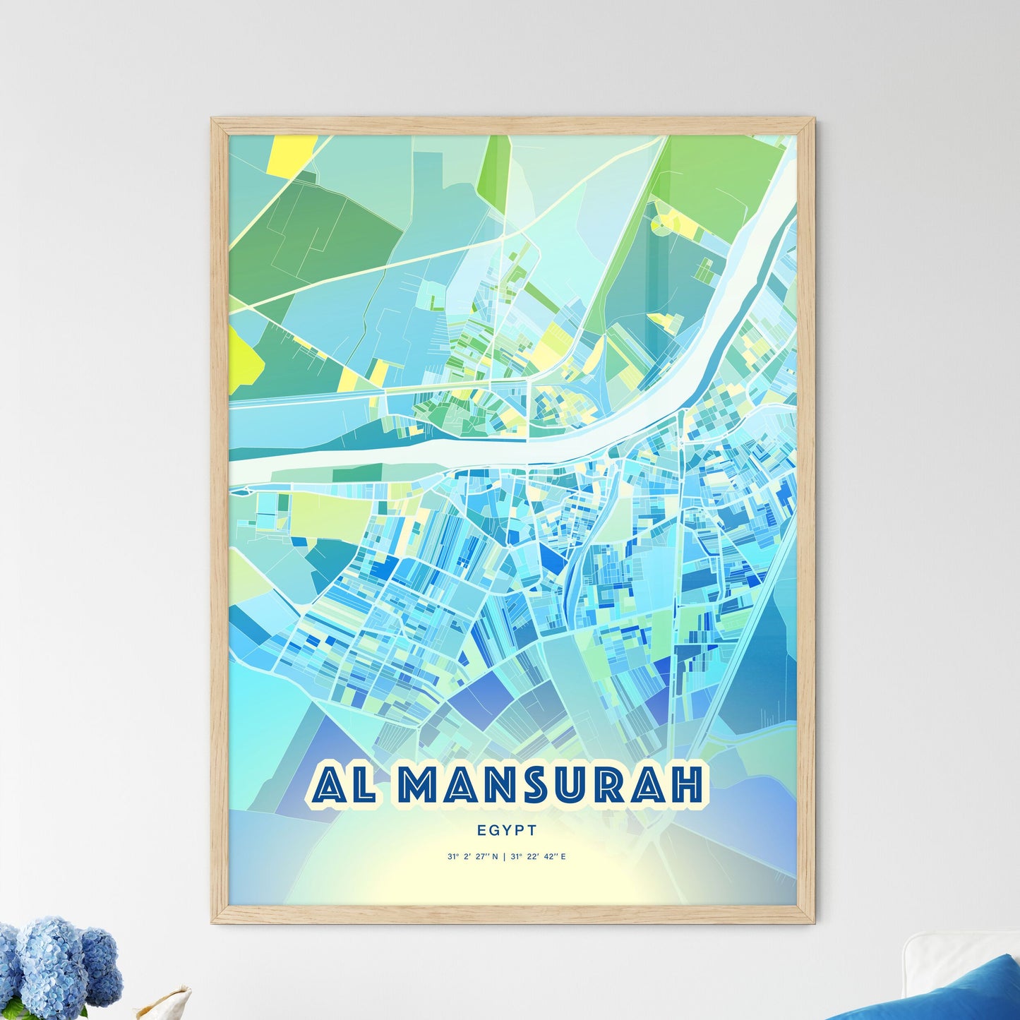 Colorful AL MANSURAH EGYPT Fine Art Map Cool Blue