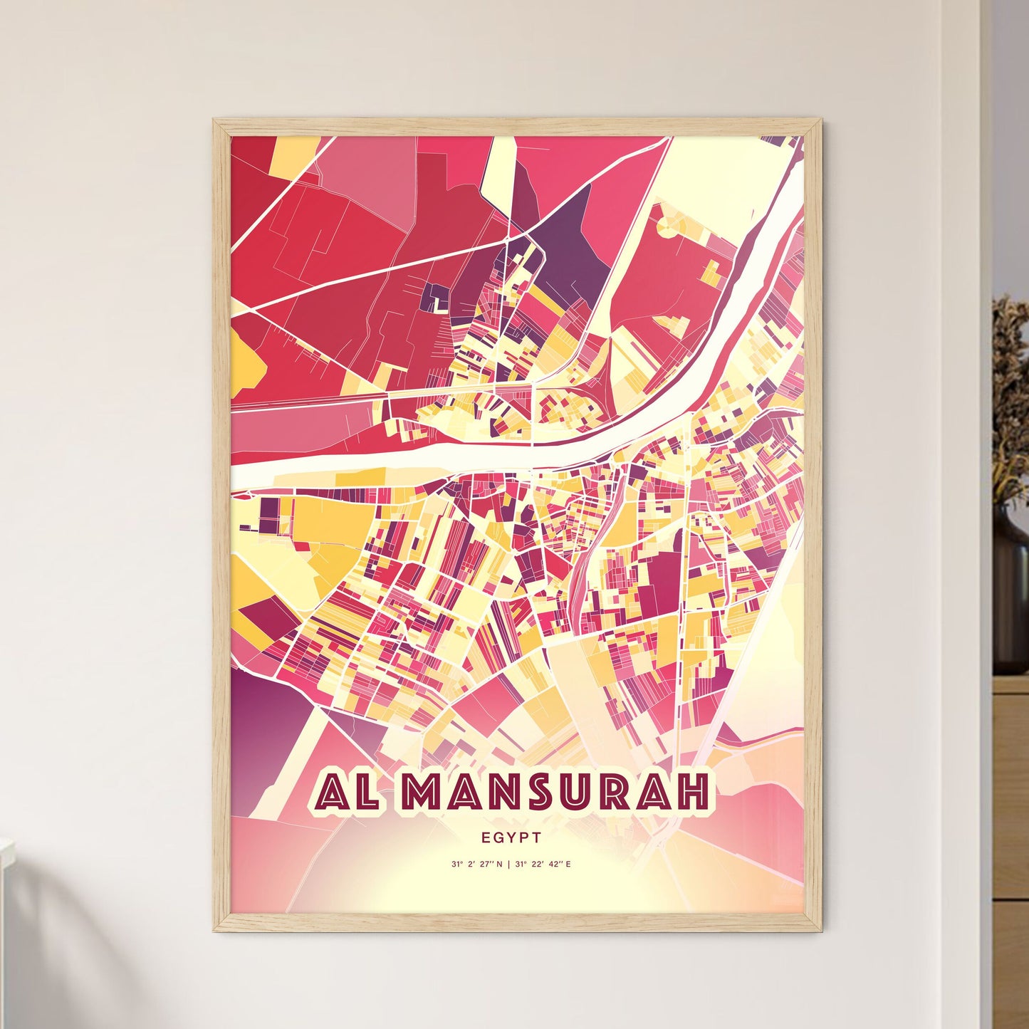 Colorful AL MANSURAH EGYPT Fine Art Map Hot Red